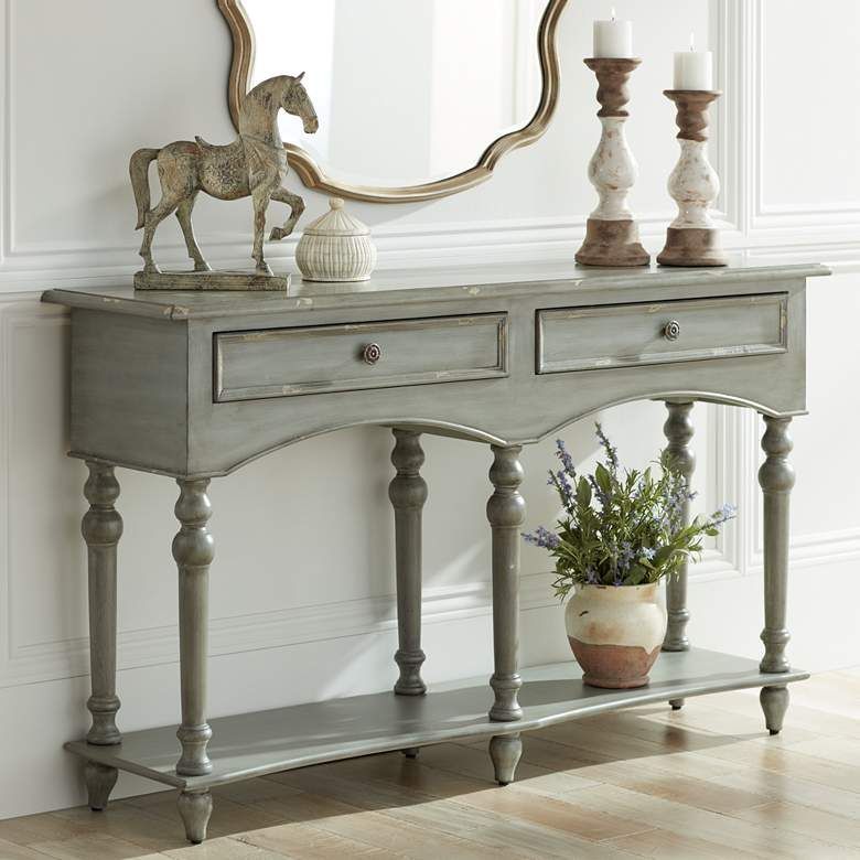 Chelsea 62" Wide Antiqued Gray Wood 2 Drawer Console Table In Gray Wood Veneer Console Tables (View 11 of 20)