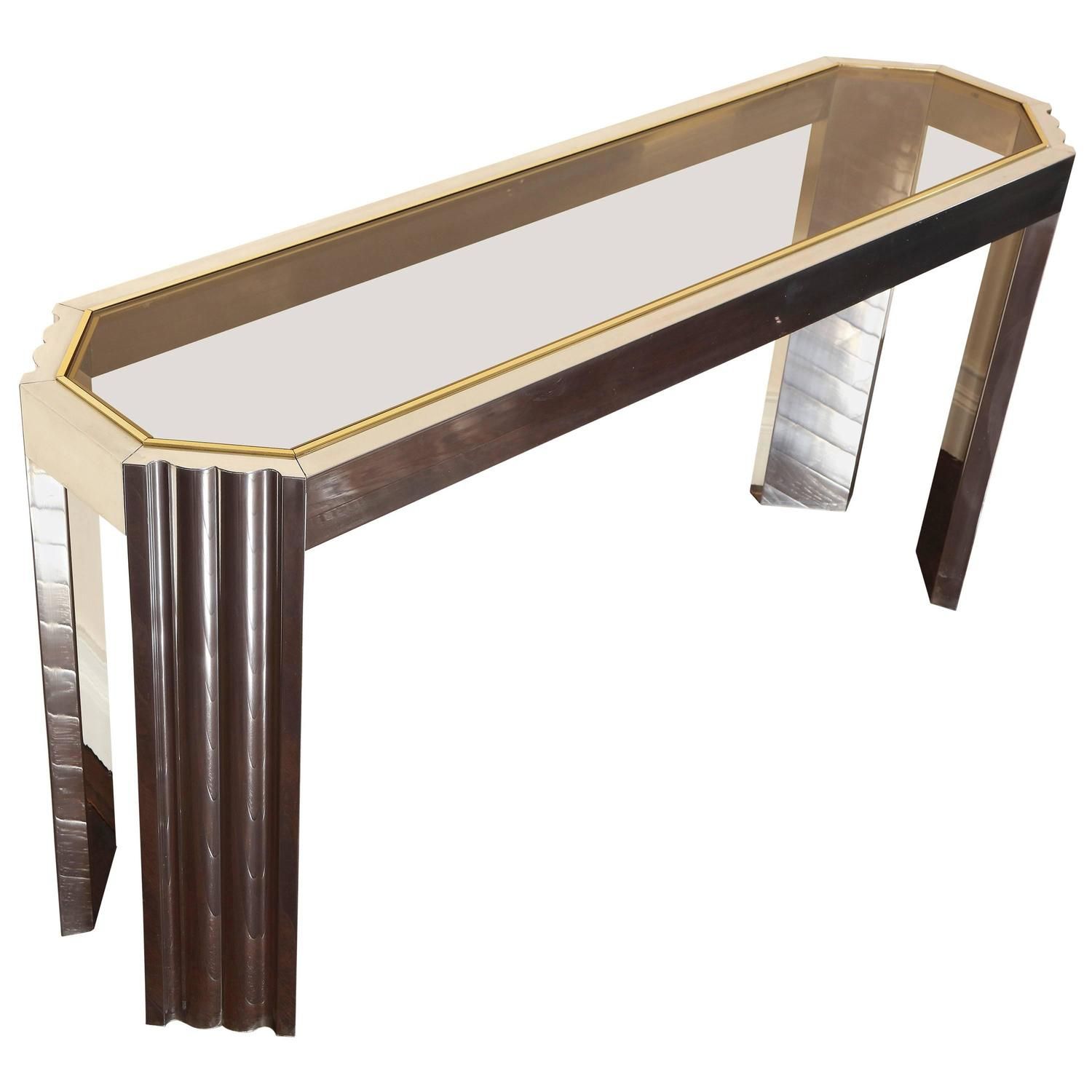 Chrome And Brass 1970s Console Table With Inset Smoked Regarding Chrome And Glass Rectangular Console Tables (Photo 5 of 20)