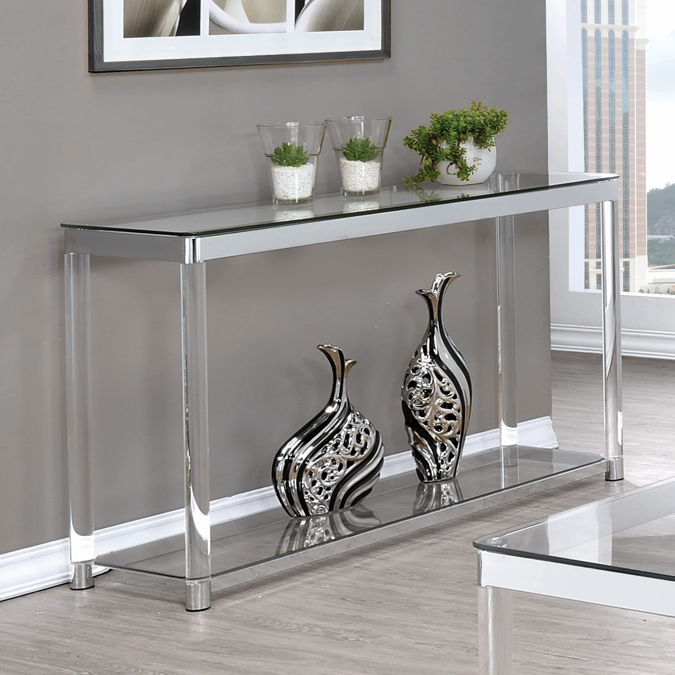 Claude Sofa Table With Lower Shelf Chrome And Clear – Coaste Pertaining To Glass Console Tables (Photo 1 of 20)