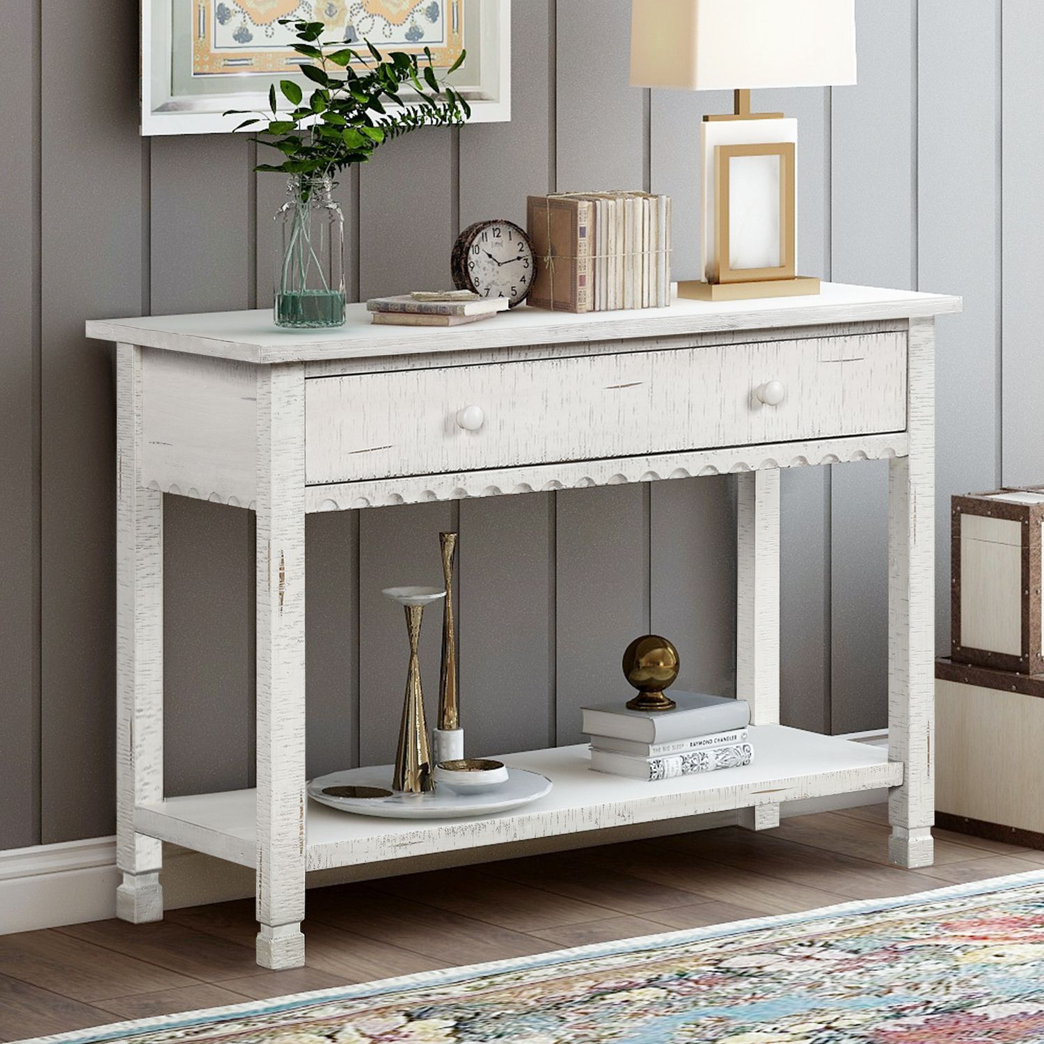 Console Sofa Table With Drawers, Btmway Wooden Rustic Within White Triangular Console Tables (Photo 2 of 20)