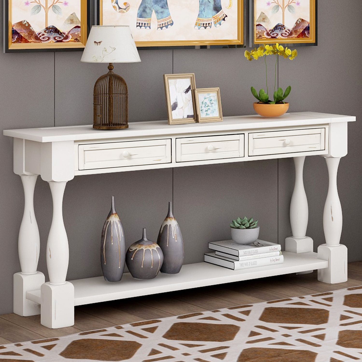 Console Table 64" Long Sofa Table Easy Assembly With In Geometric White Console Tables (View 10 of 20)