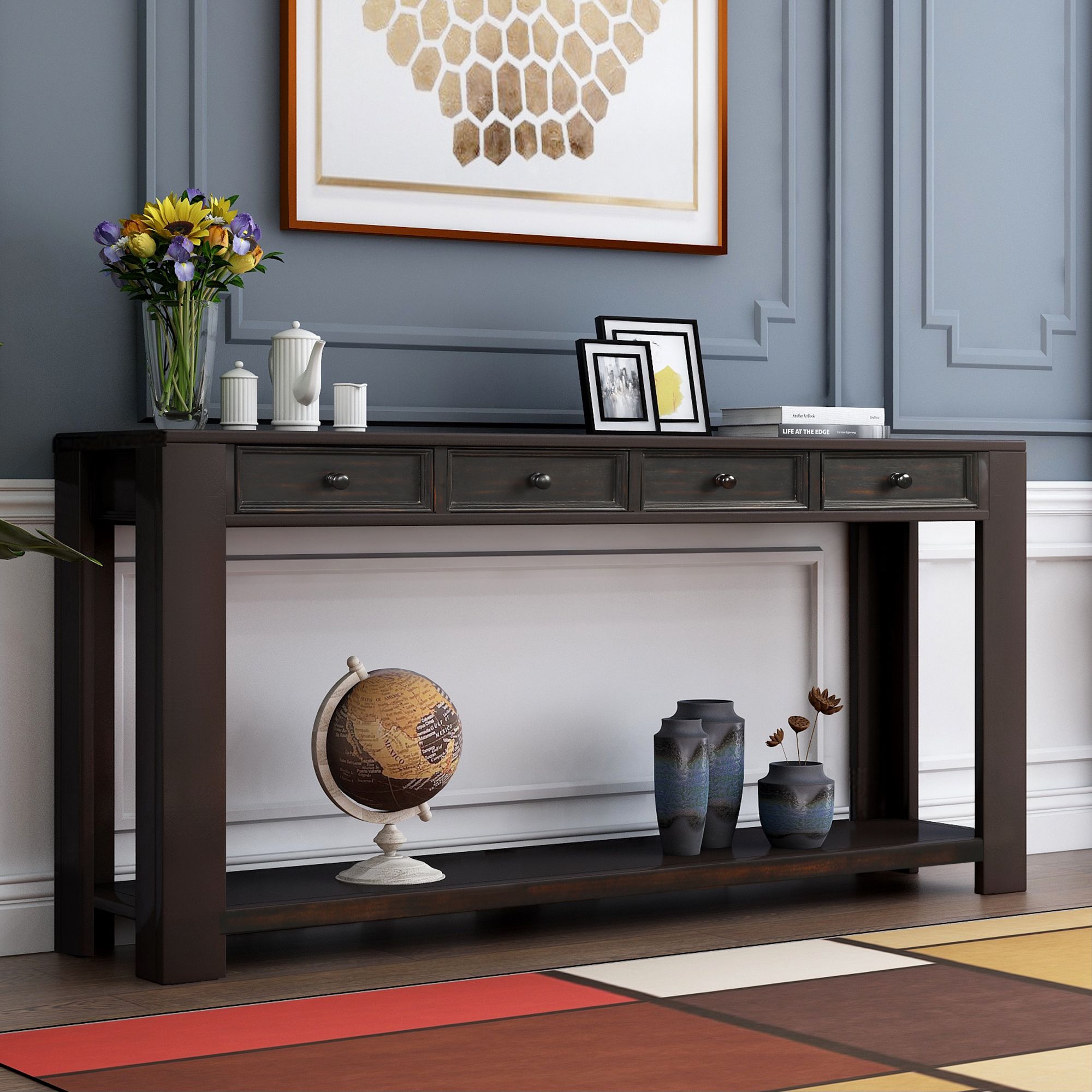 Console Table With 4 Drawer, Industric Entrywall Hallway Throughout Open Storage Console Tables (View 4 of 20)