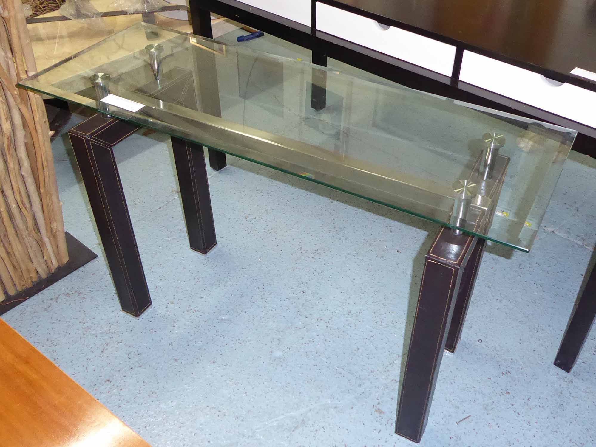 Console Table, With Bevelled Glass Top, On Square Leather Regarding Square Black And Brushed Gold Console Tables (View 6 of 20)