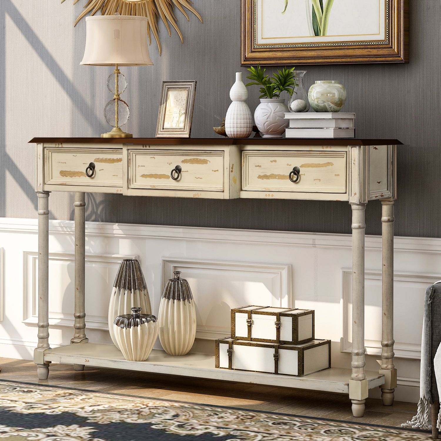 Console Table With Drawer, 52" Narrow Console Couch Sofa Within 3 Piece Shelf Console Tables (Photo 1 of 20)