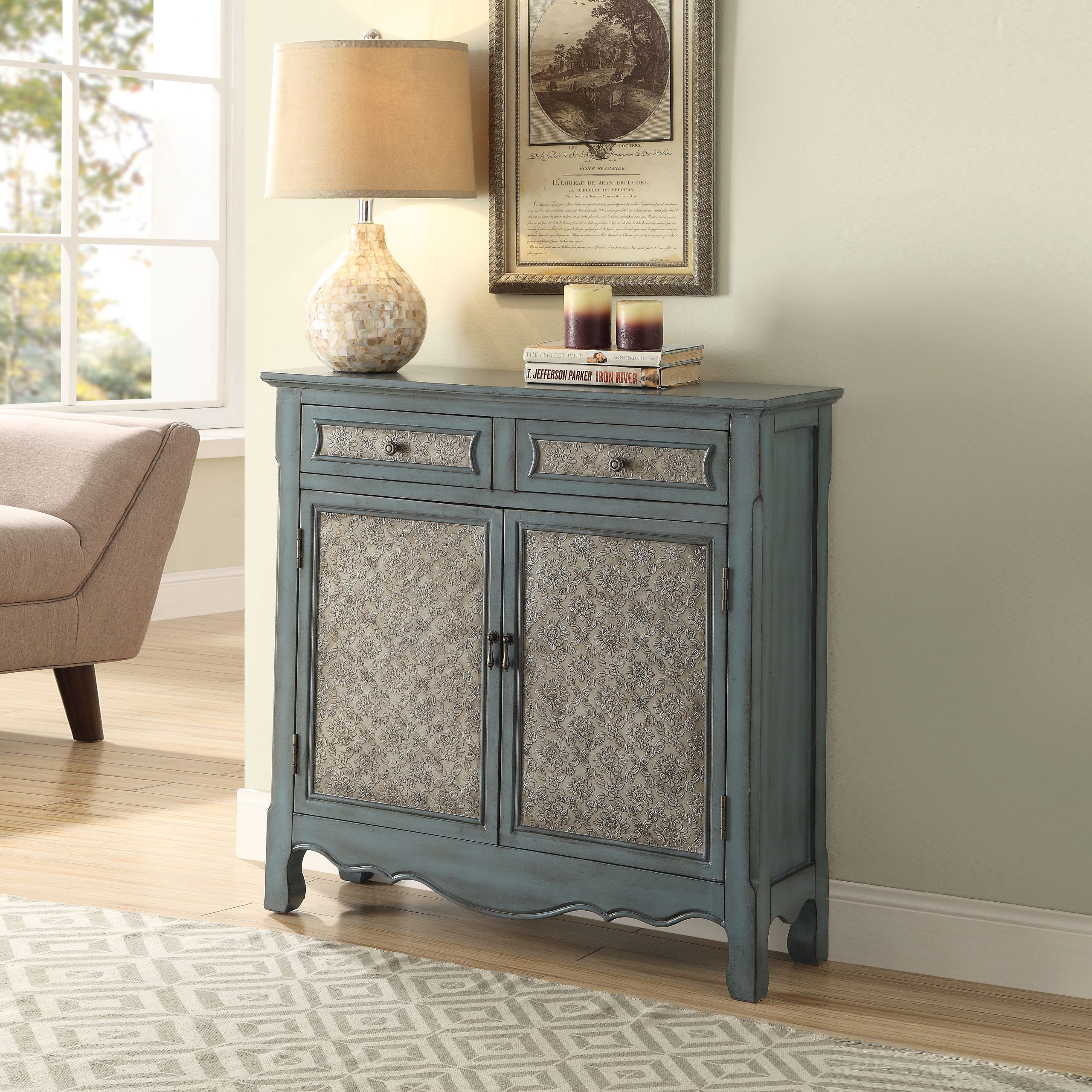 Console Table With Drawers, Antique Blue Finish – Walmart Intended For Antique Silver Metal Console Tables (View 4 of 20)