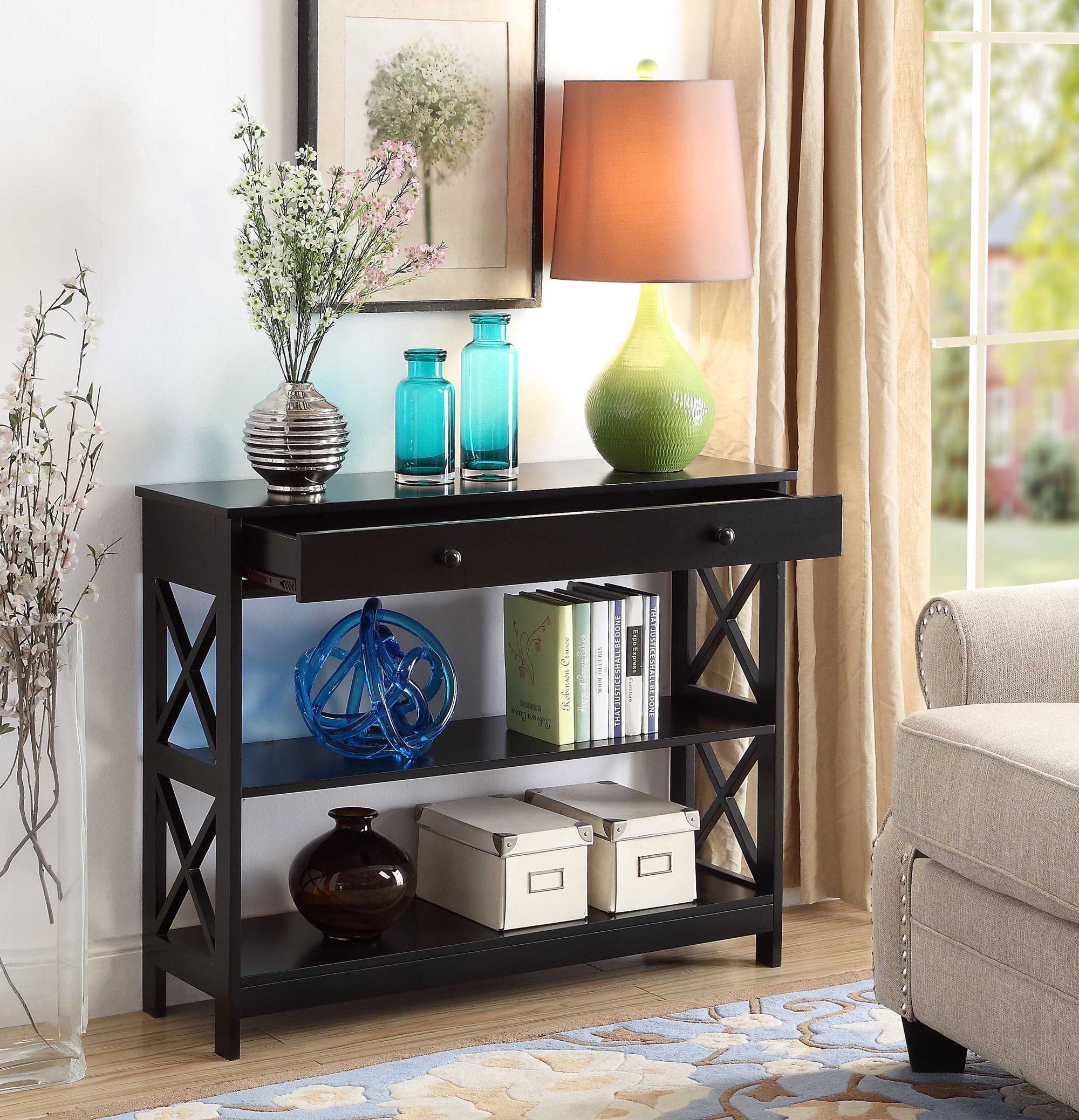 Convenience Concepts Oxford 1 Drawer Console Table, Black In Caviar Black Console Tables (View 12 of 20)
