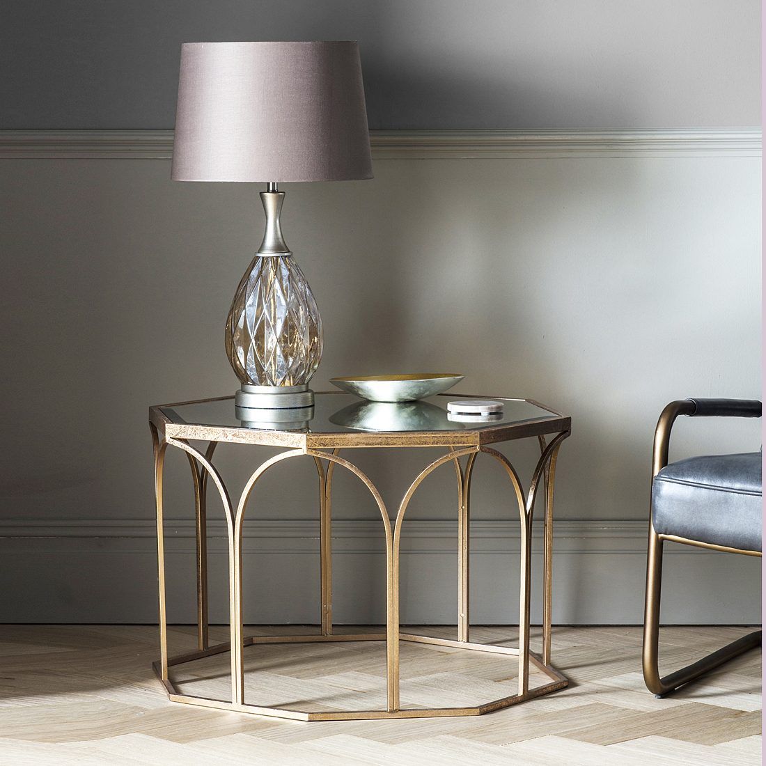 Copper Mirror Topped Coffee Table | Primrose & Plum Inside Antique Brass Aluminum Round Console Tables (View 13 of 20)