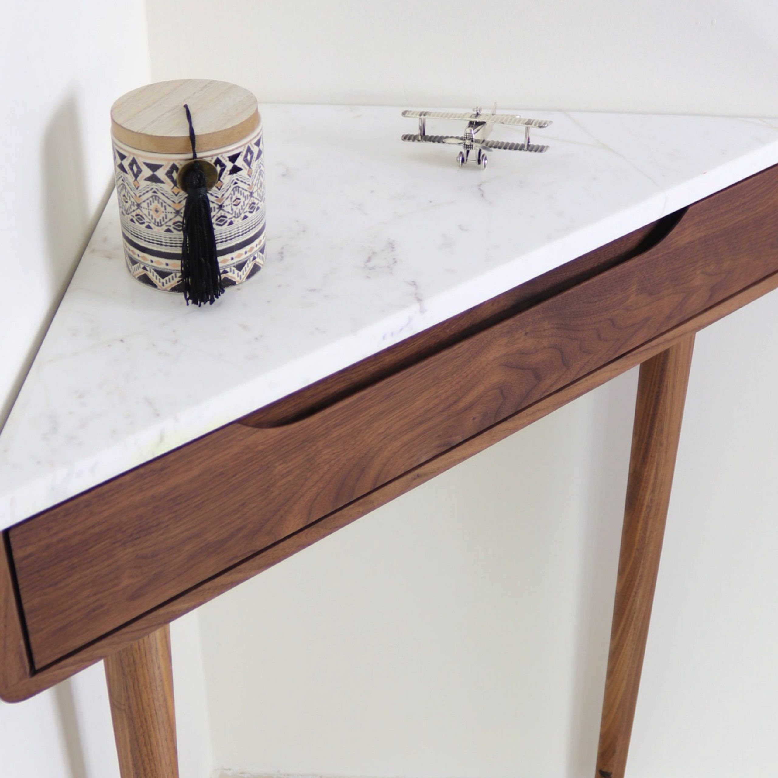 Corner Console Table In Walnut Or Solid Oak With Marble Top. Throughout Honey Oak And Marble Console Tables (Photo 10 of 20)