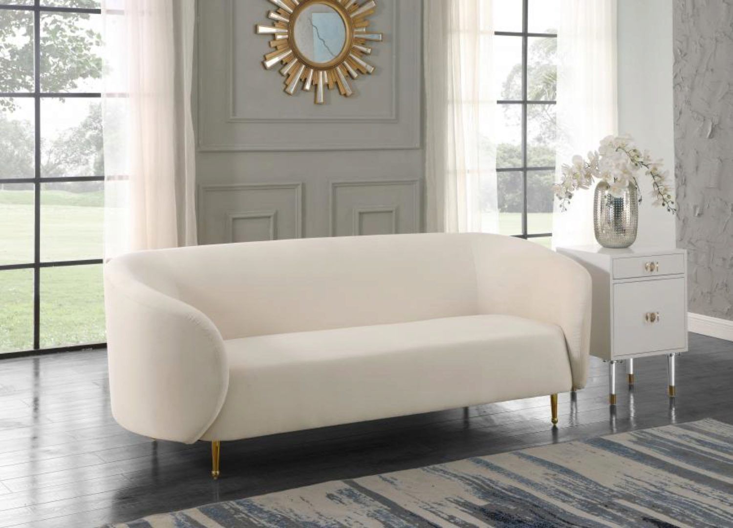 Cream Velvet Gold Steel Legs Sofa Meridian Furniture Intended For Cream And Gold Console Tables (Photo 20 of 20)