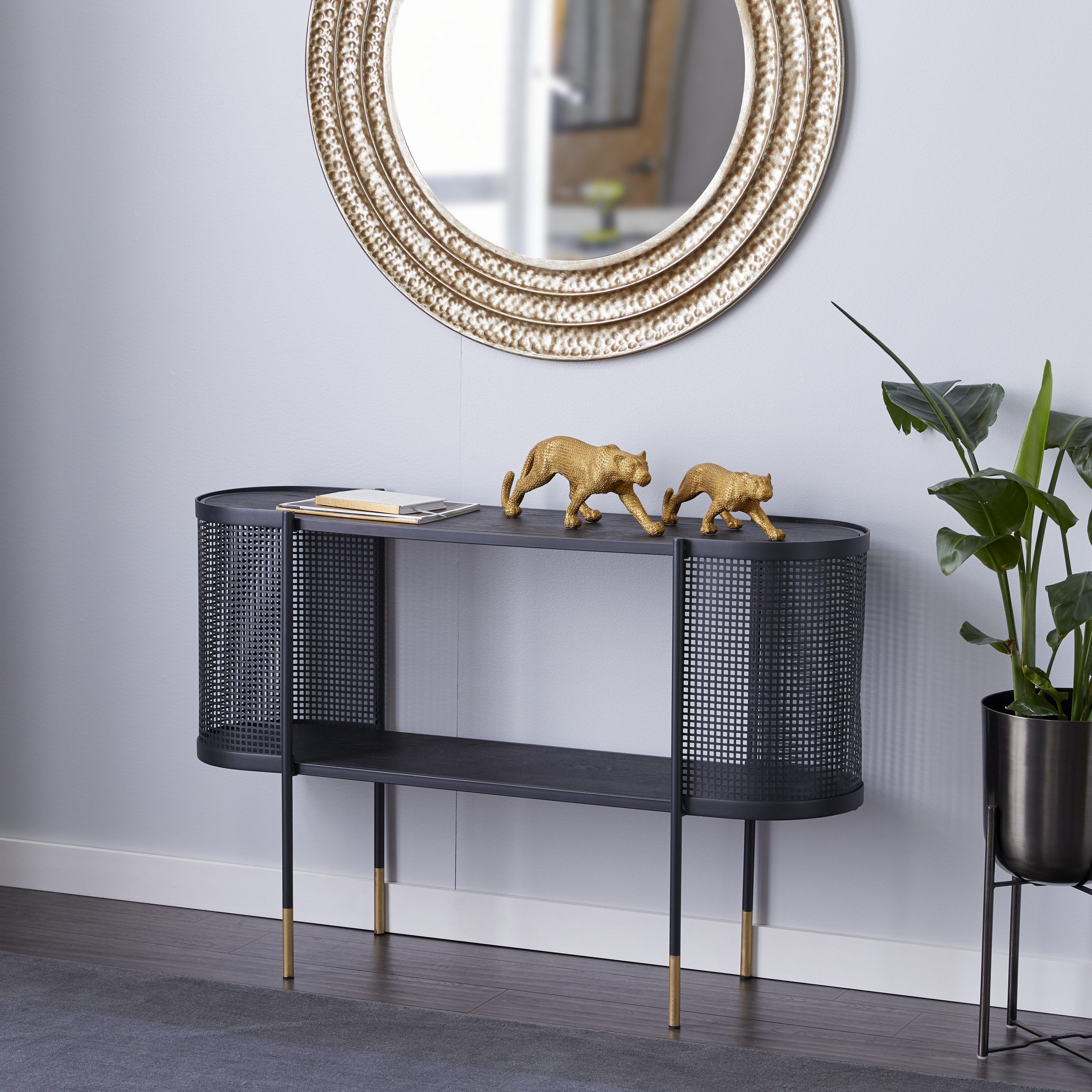 Decmode Oval Black Metal Wrapped Console Table With Open Inside 1 Shelf Square Console Tables (Photo 2 of 20)