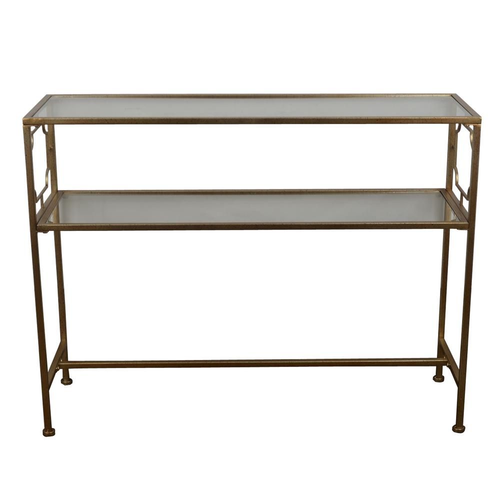 Decor Therapy Gold Glass Shelves Console Table Fr6354 Inside Geometric Glass Top Gold Console Tables (Photo 2 of 20)