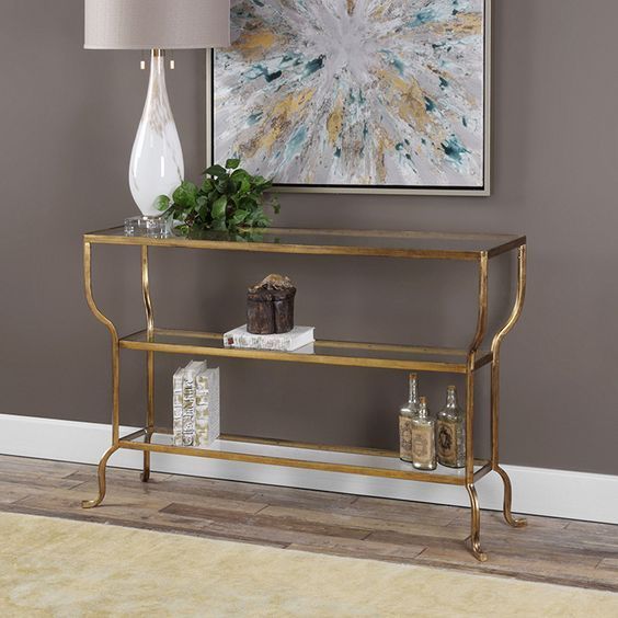 Deline Gold Console Table | Console Table, Glass Shelves In Metallic Gold Console Tables (View 12 of 20)