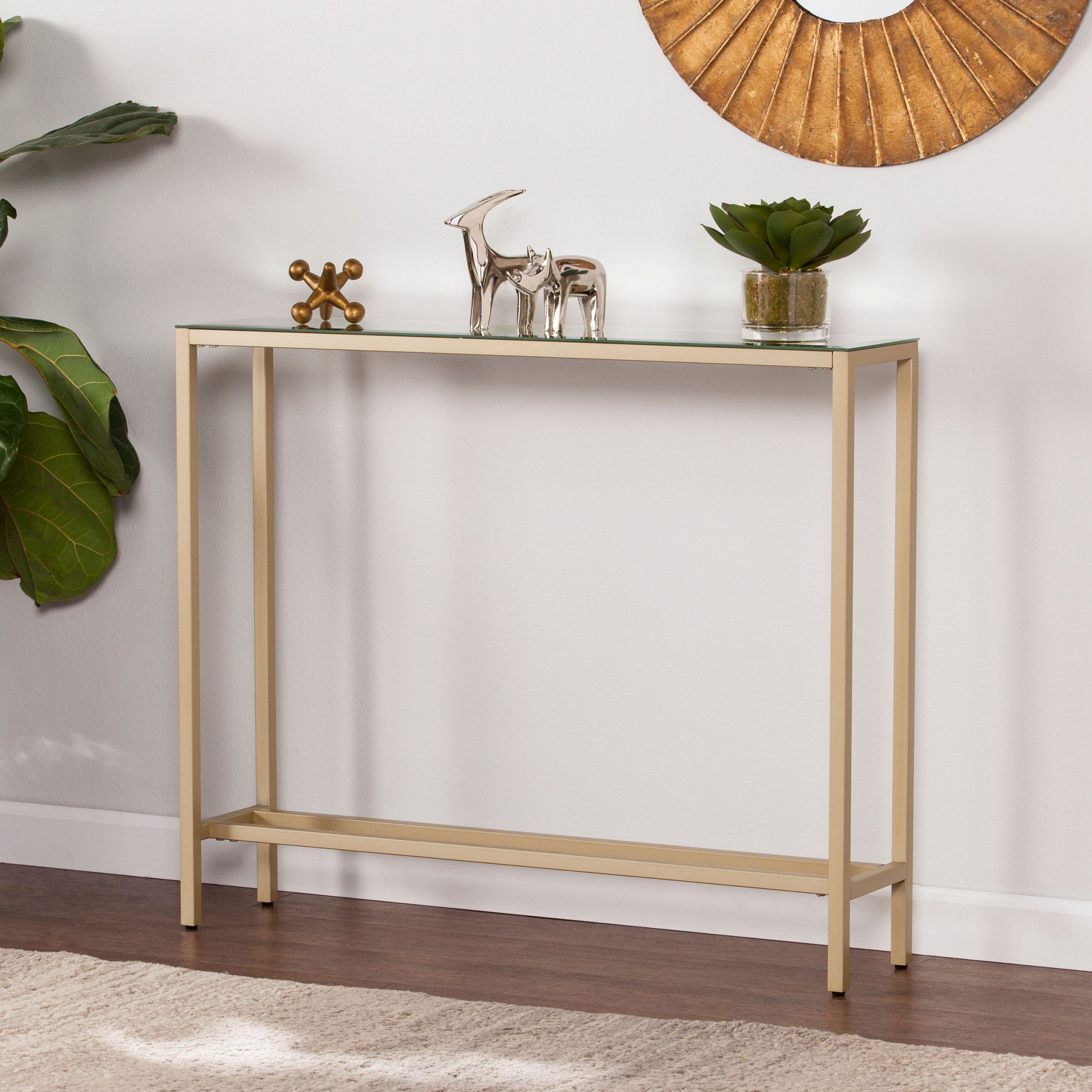 Derkkin Narrow Console Table W/ Mirrored Top, Gold Regarding Geometric Glass Top Gold Console Tables (View 3 of 20)