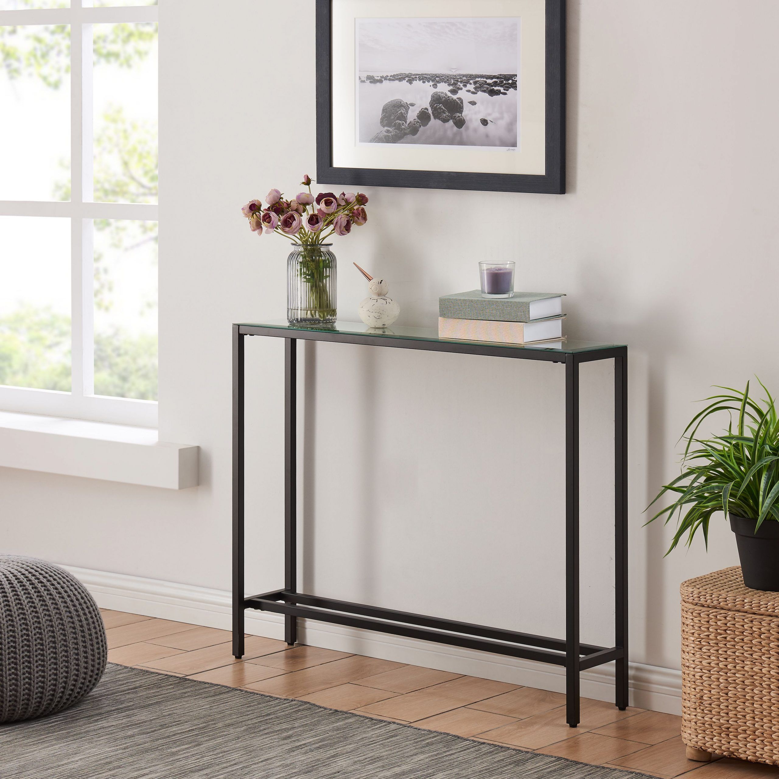 Derkkin Narrow Mini Console Table, Transitional, Black Intended For Antique White Black Console Tables (View 13 of 20)