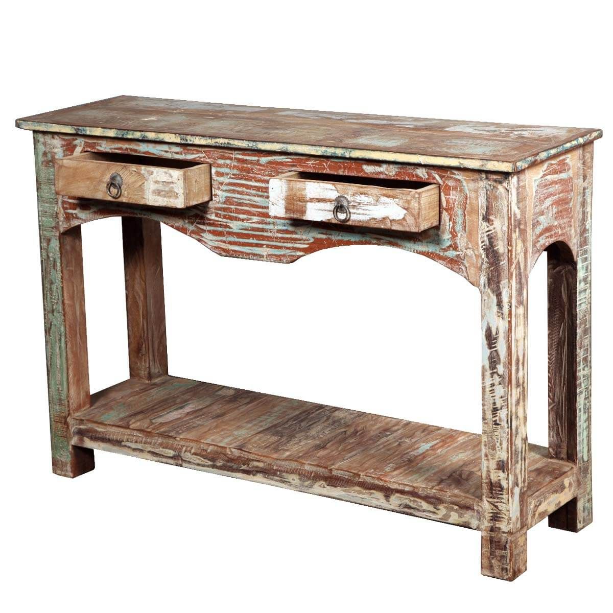 Distressed Reclaimed Wood 2 Drawer Console Hall Table Intended For Barnwood Console Tables (Photo 3 of 20)