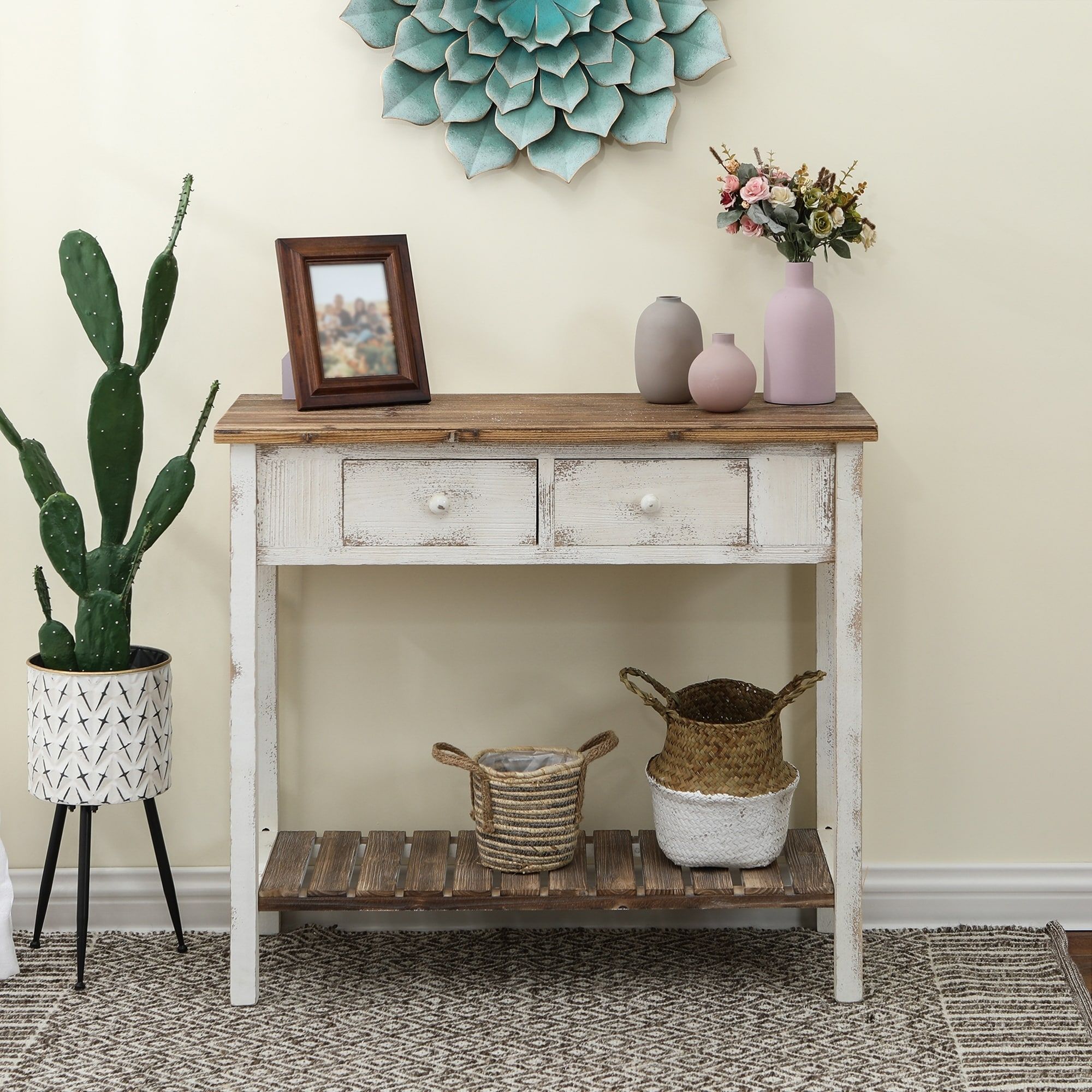 Distressed White Wood Vintage 2 Drawer Console Table With Inside Natural Wood Console Tables (Photo 1 of 20)