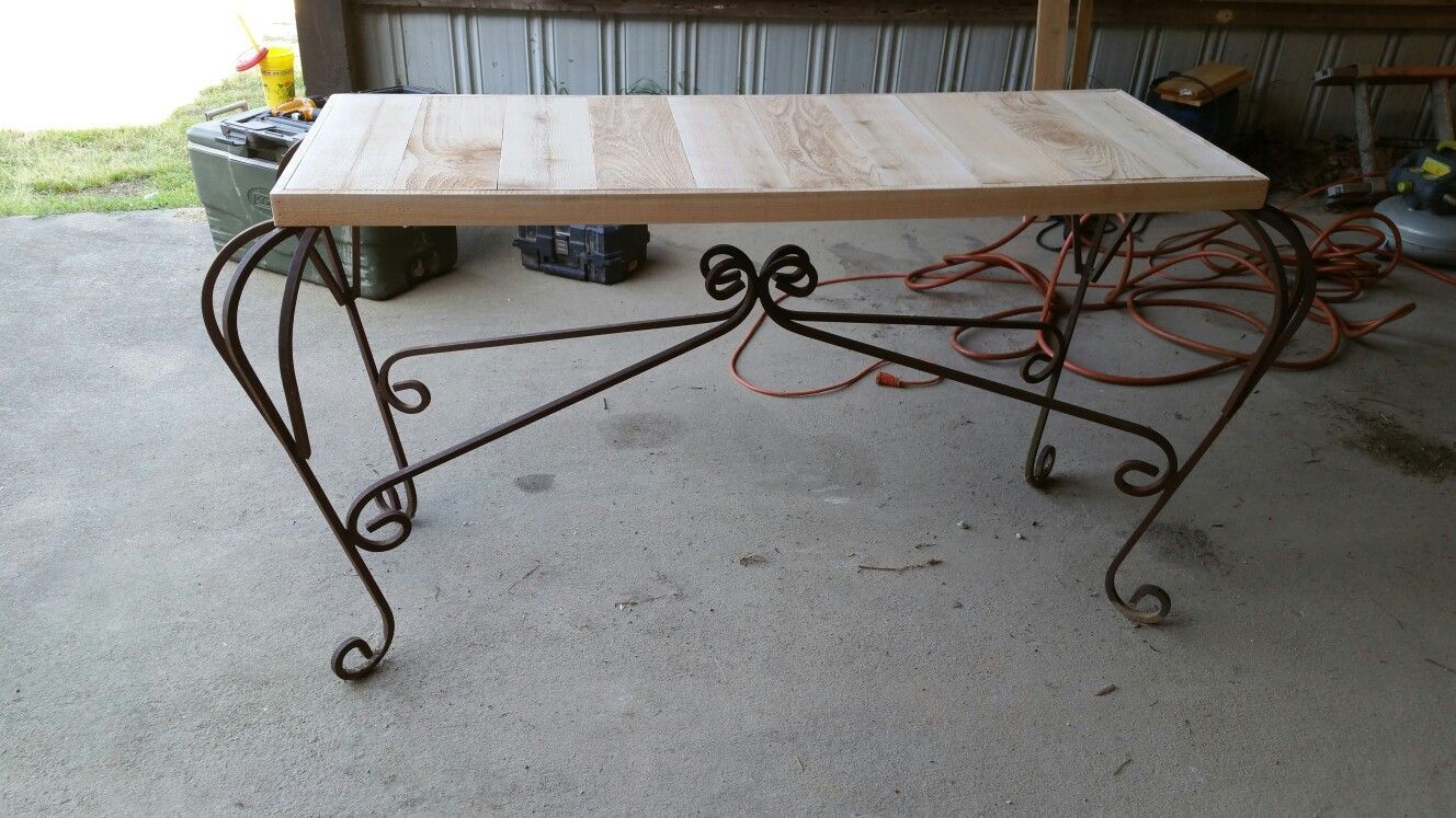 Diy Sofa Table – Old Iron Frame Wood Top | Diy Sofa, Diy Inside Oval Aged Black Iron Console Tables (Photo 1 of 20)