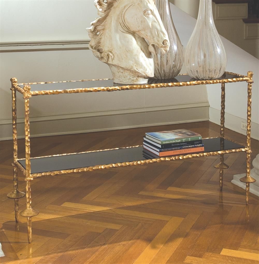 Duchess Hollywood Regency Chiseled Gold Black Marble Inside Gold Console Tables (Photo 5 of 20)