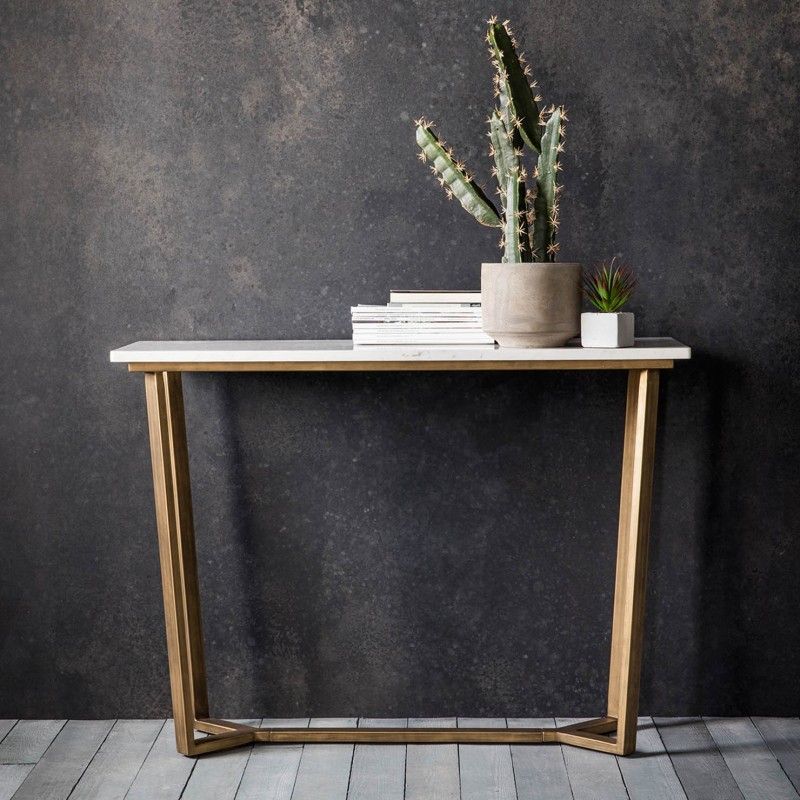 Earl Marble Top Console Table, 110cm, White / Brass Throughout White Stone Console Tables (Photo 2 of 20)