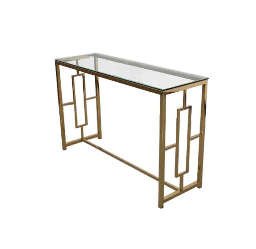 Embellishing Stainless Steel And Glass Console Table, Gold For Geometric Glass Top Gold Console Tables (View 7 of 20)