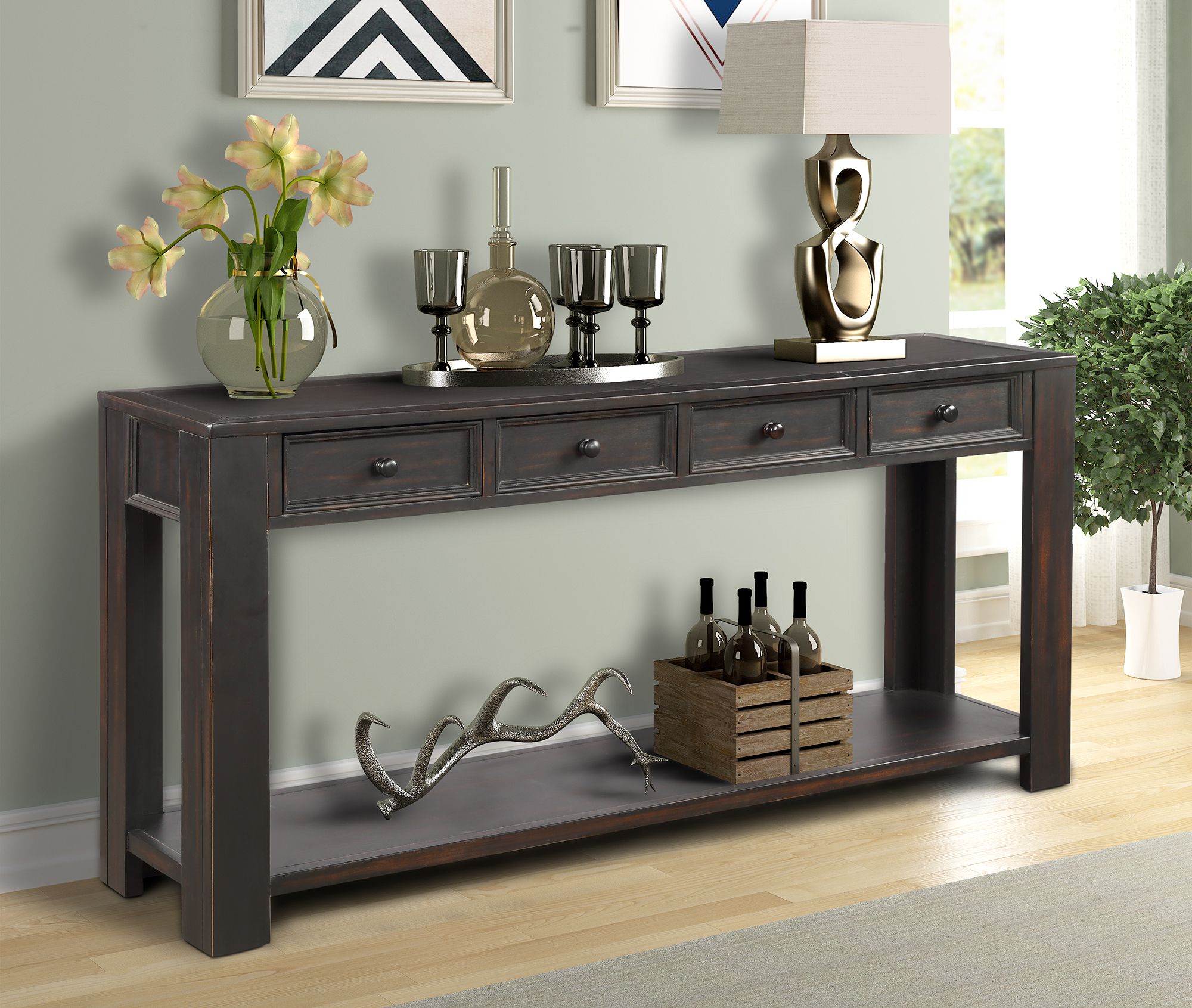 Entryway Table With 4 Storage Drawers, 64"×15"×30" Wood With Modern Farmhouse Console Tables (View 3 of 20)