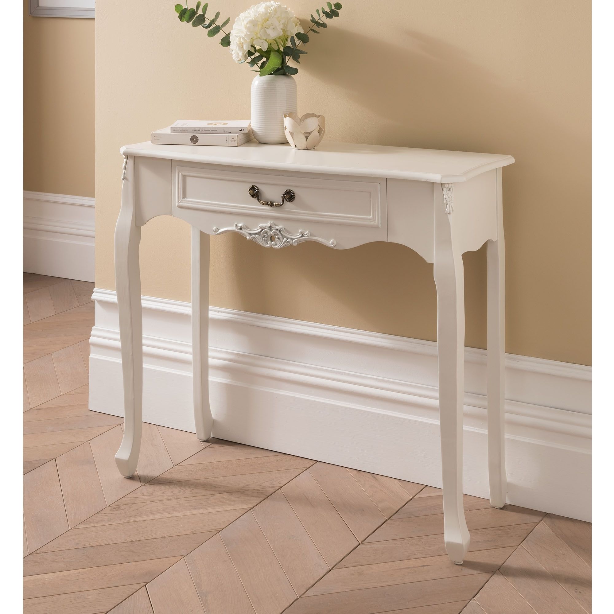 Etienne White 1 Drawer Antique French Style Console Table Within White Geometric Console Tables (Photo 7 of 20)