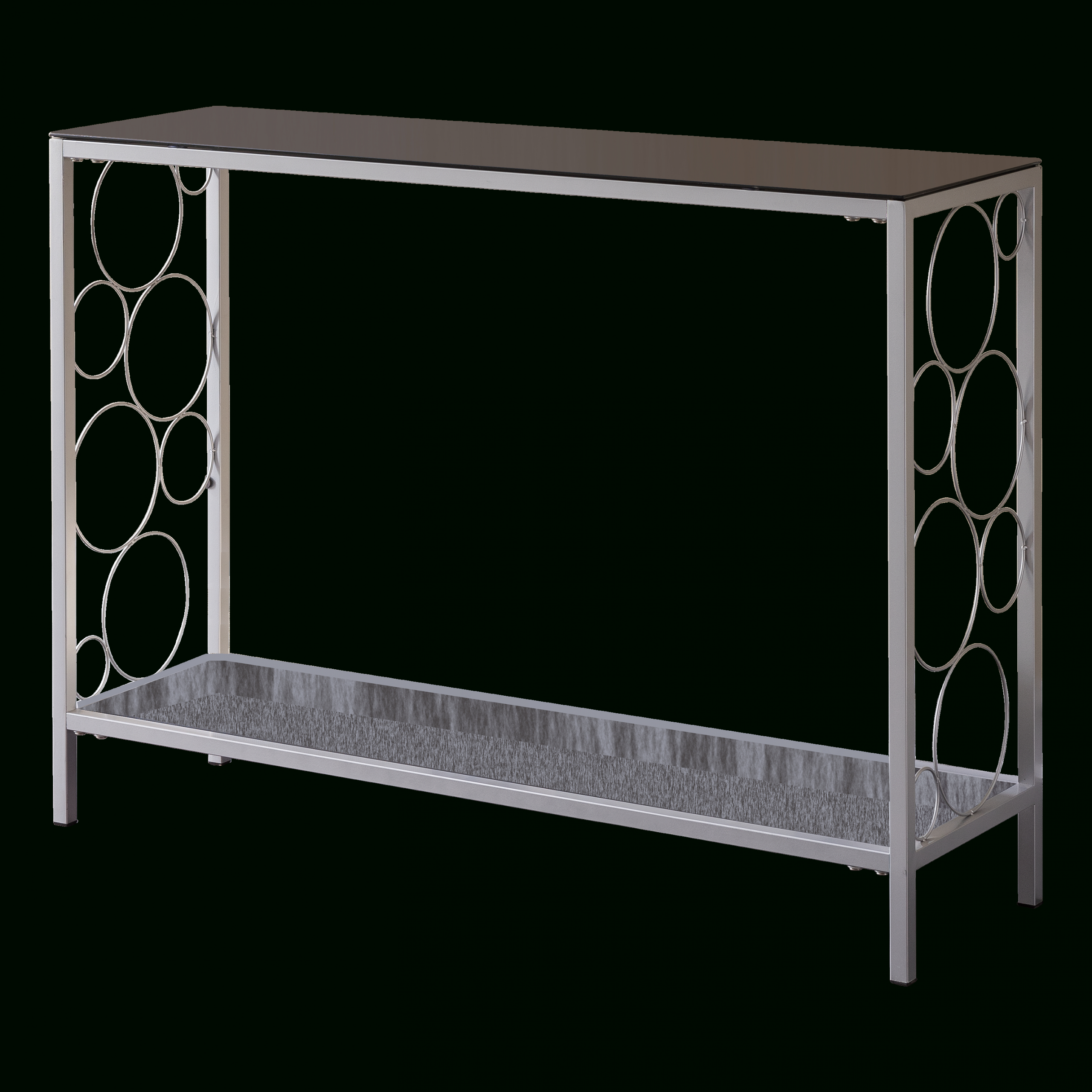 Ewing Silver Metal / Black Glass Console Table – 2kfurniture Intended For Antique Silver Aluminum Console Tables (View 18 of 20)
