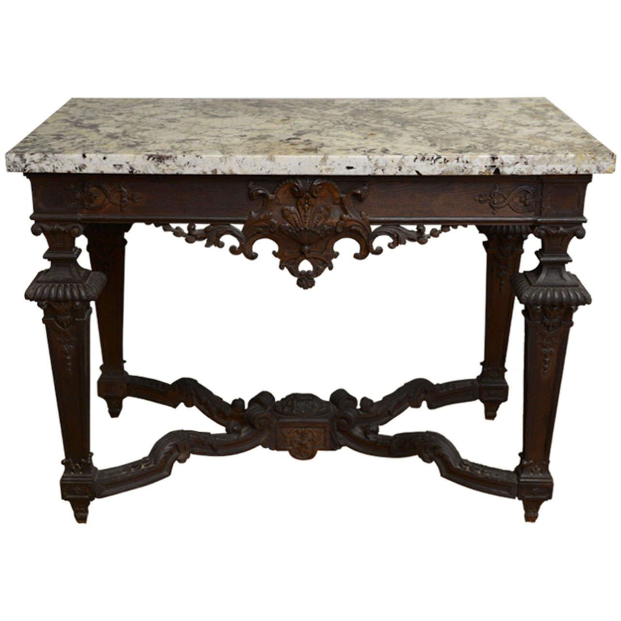 Finely Carved 19c. Oak Console Table With Granite Top For Inside Honey Oak And Marble Console Tables (Photo 16 of 20)
