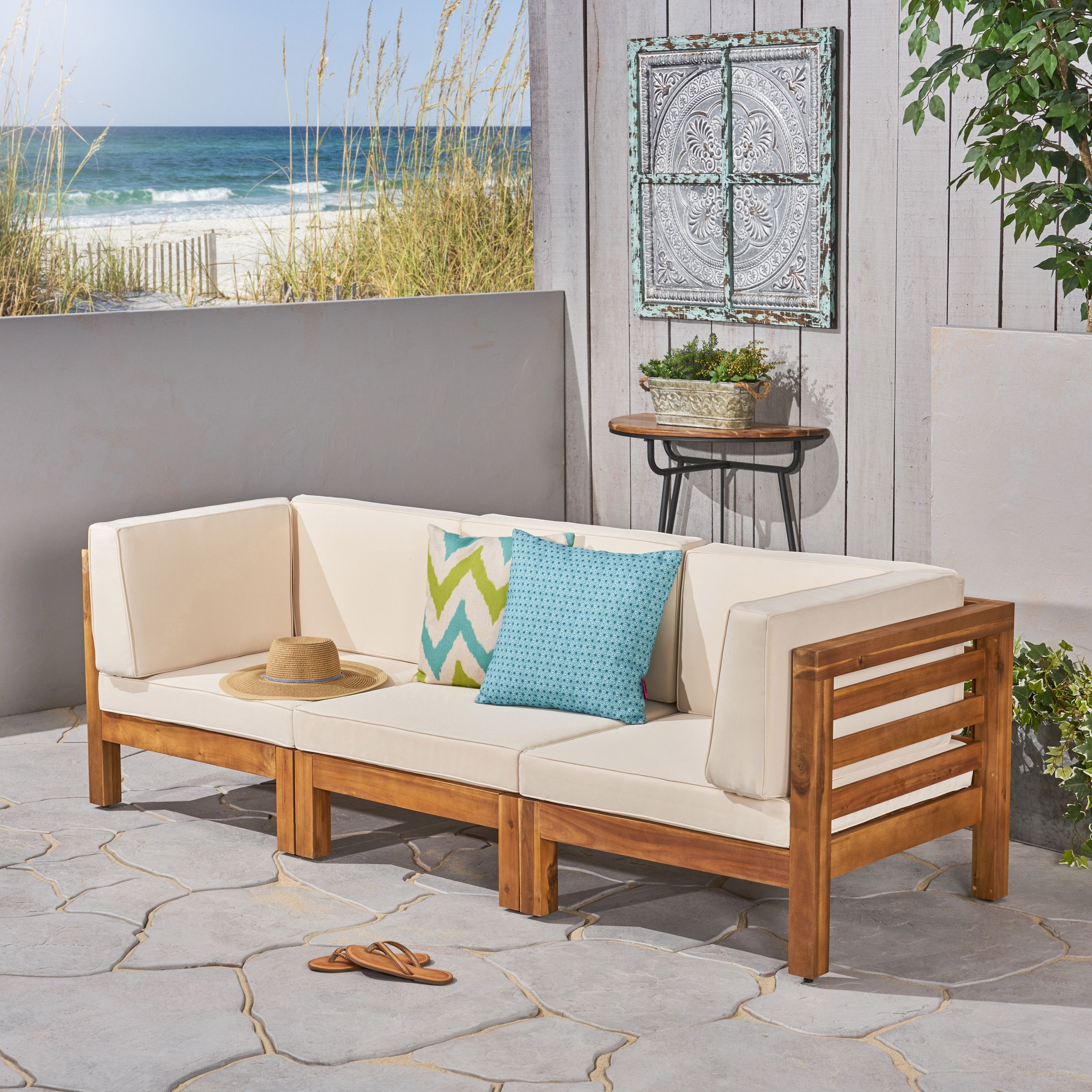 Frankie Outdoor Acacia Wood Sectional Sofa With Cushions Throughout Ecru And Otter Console Tables (Photo 20 of 20)