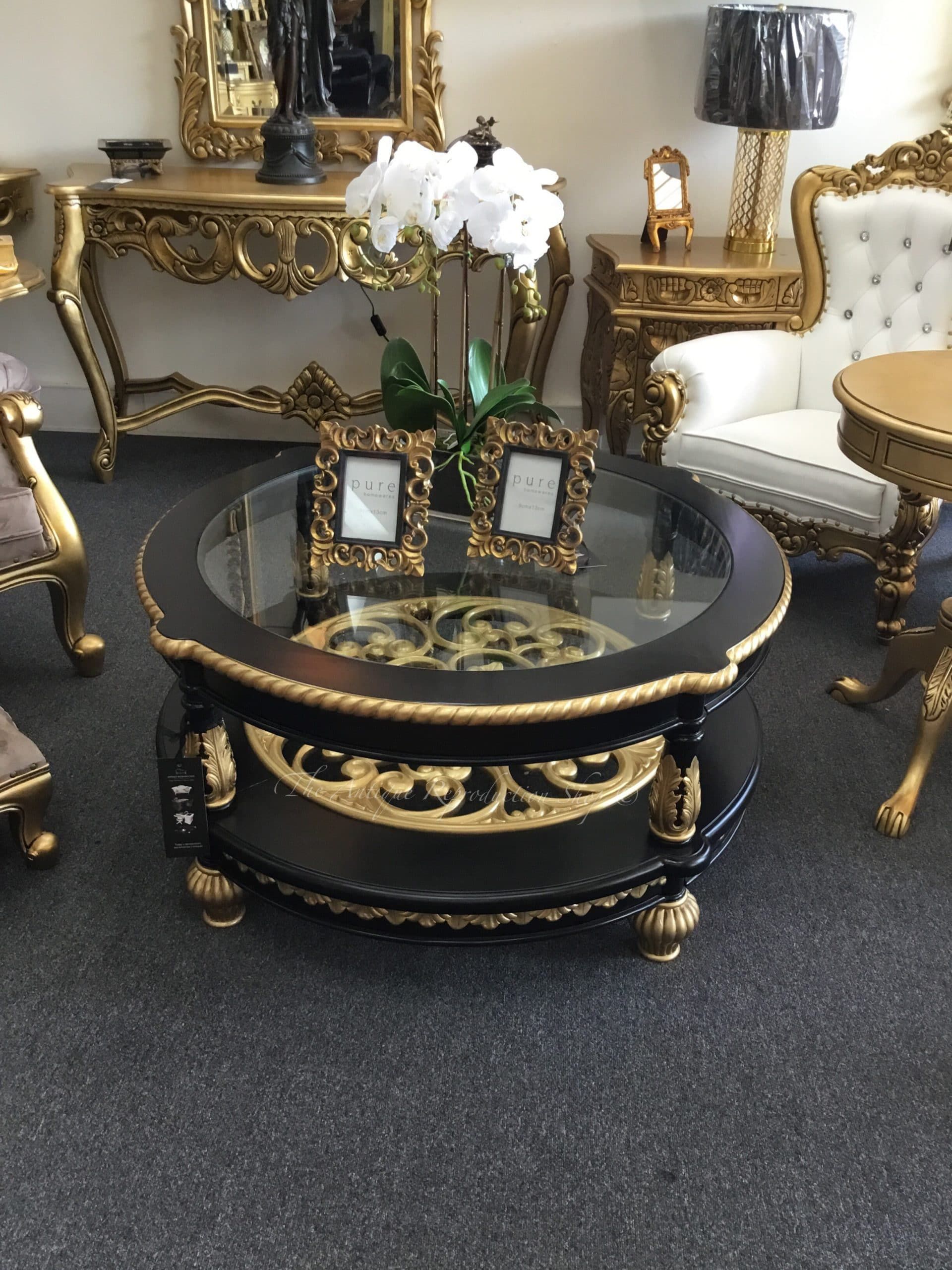 French Baroque Round Omero Coffee Table Black And Gold Pertaining To Antique Gold And Glass Console Tables (Photo 3 of 20)