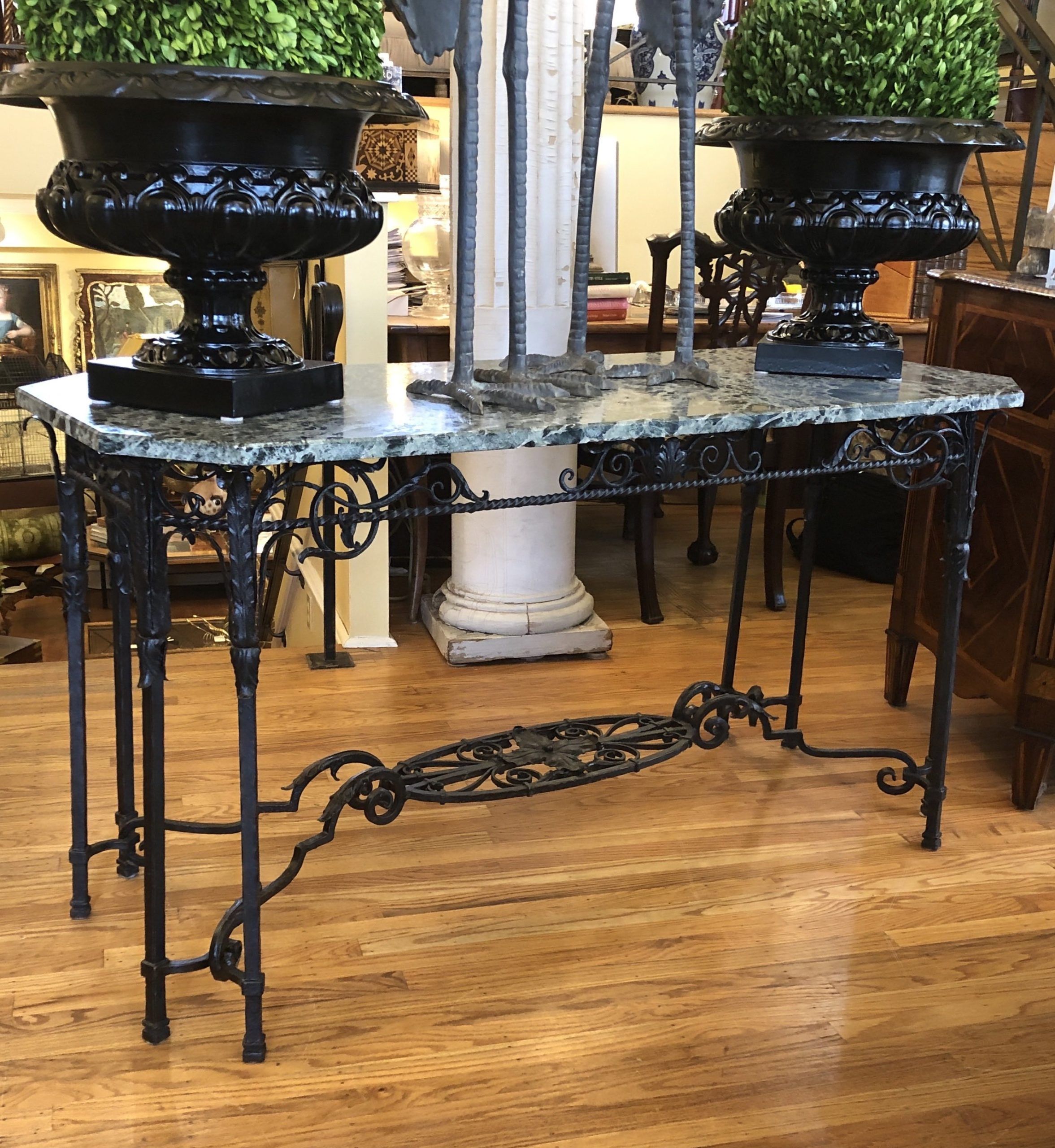 French Intricate Wrought Iron Console Table With Green Regarding Wrought Iron Console Tables (View 4 of 20)