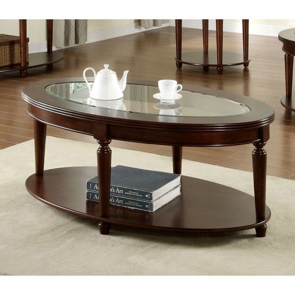Furniture Of America Crescent Dark Cherry Glass Top Oval Throughout Espresso Wood And Glass Top Console Tables (View 6 of 20)