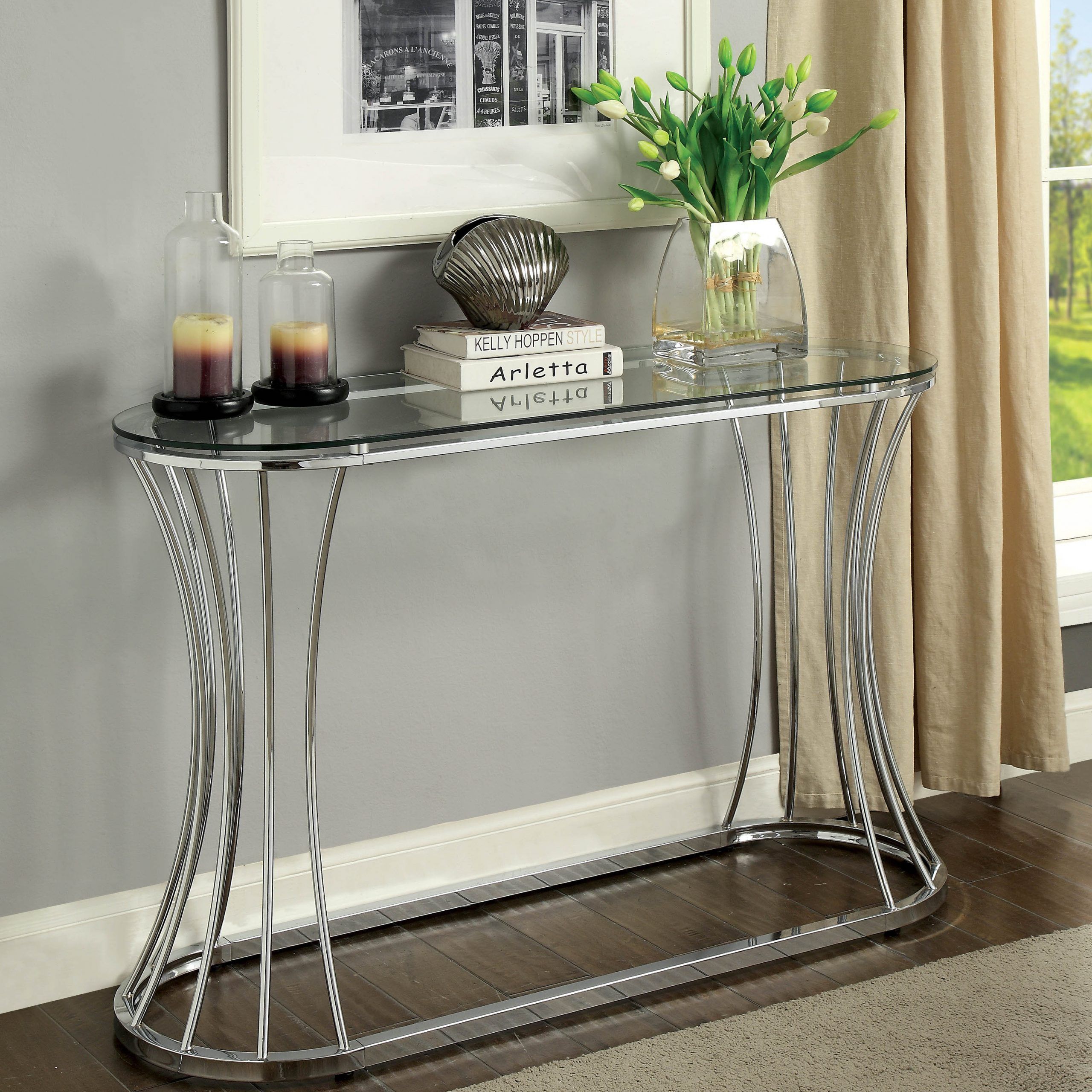 Furniture Of America Rocca Contemporary Glass Top Console Inside Glass And Pewter Console Tables (View 10 of 20)