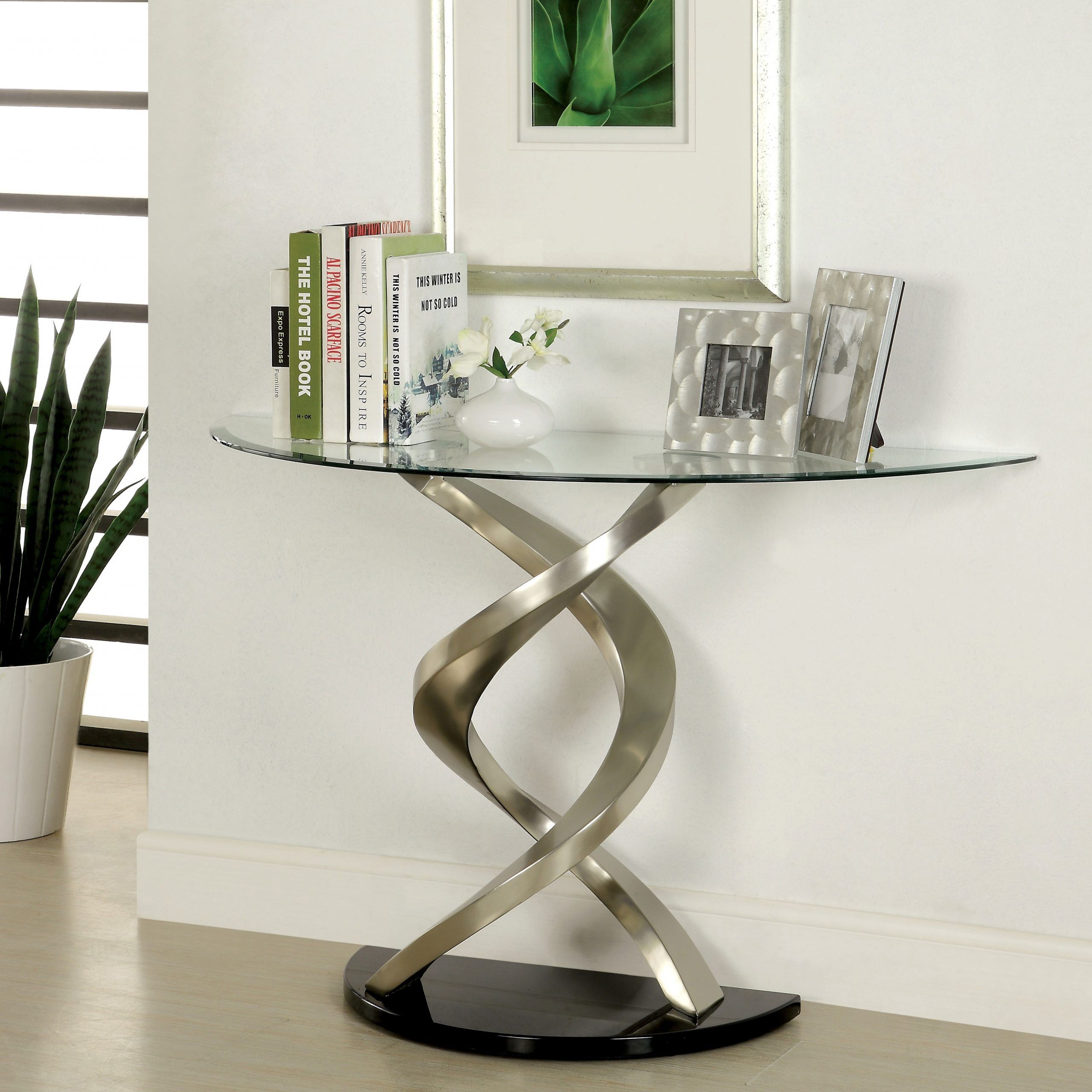 Furniture Of America Sele Modern Silver Metal Pedestal For Metallic Gold Modern Console Tables (View 13 of 20)