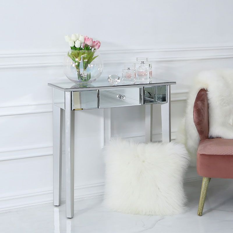 Georgia Silver Wood Trim Mirrored 1 Drawer Console With Silver Mirror And Chrome Console Tables (Photo 17 of 20)