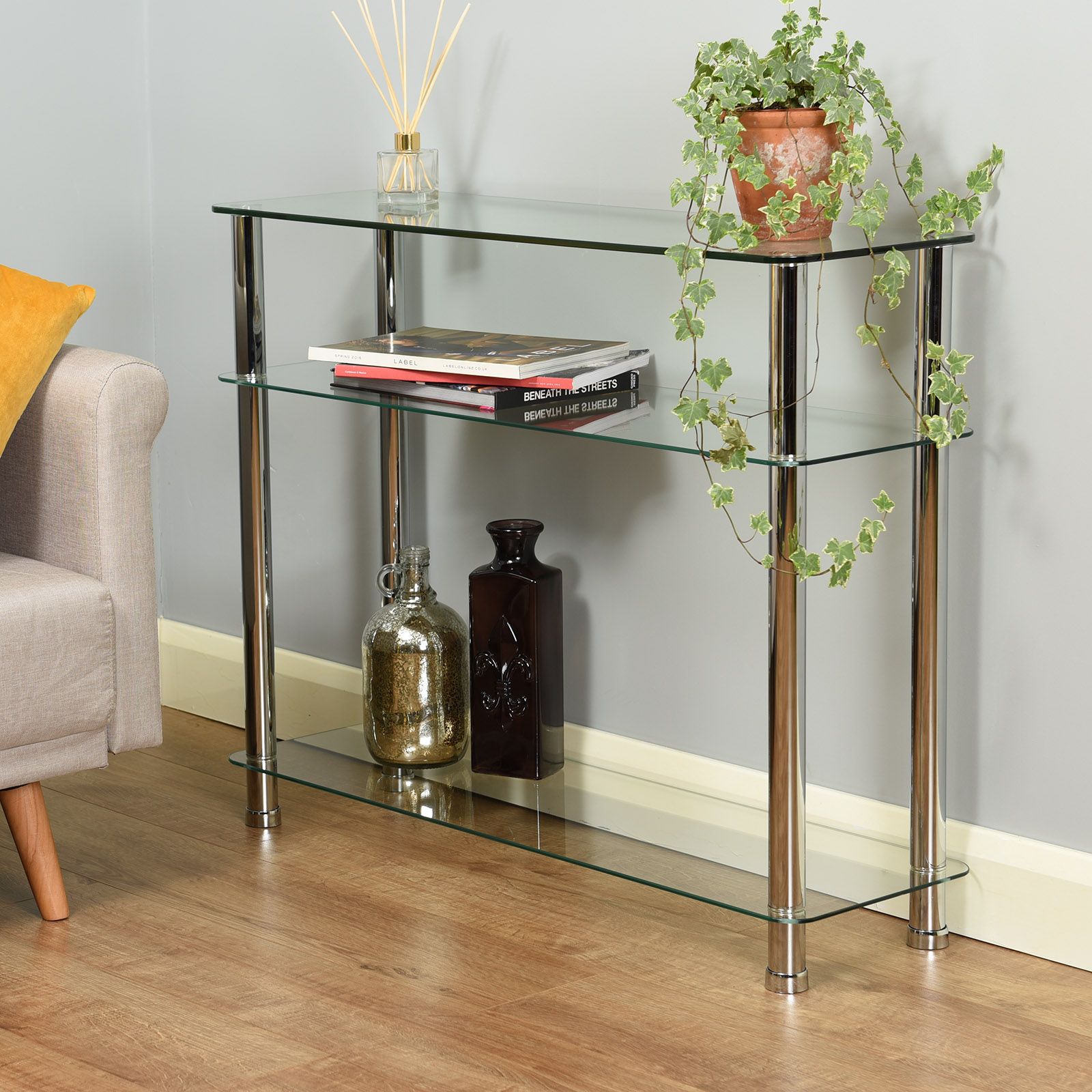 Glass 3 Tier Side/console Table Shelf Unit Bedroom/lounge With Regard To Glass And Pewter Oval Console Tables (Photo 4 of 20)