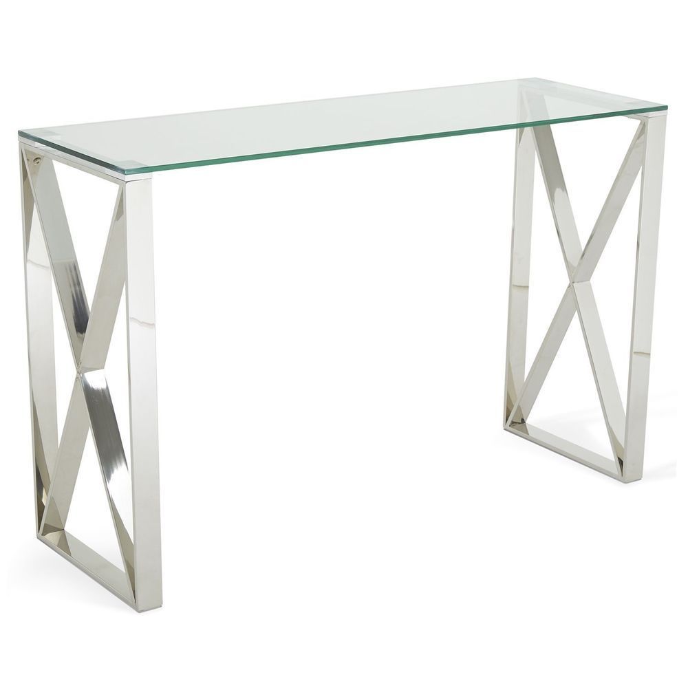 Glass Console Table Silver Stainless Steel Base Living With Metallic Silver Console Tables (Photo 4 of 20)