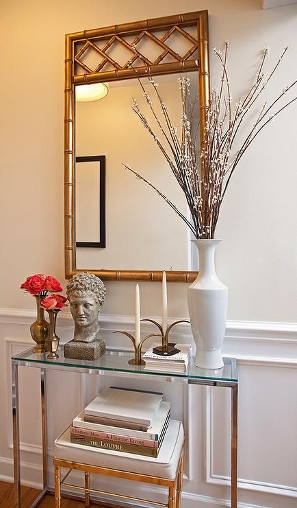 Glass Top Foyer Table With Gold Bamboo Mirror With Regard To Cream And Gold Console Tables (Photo 1 of 20)