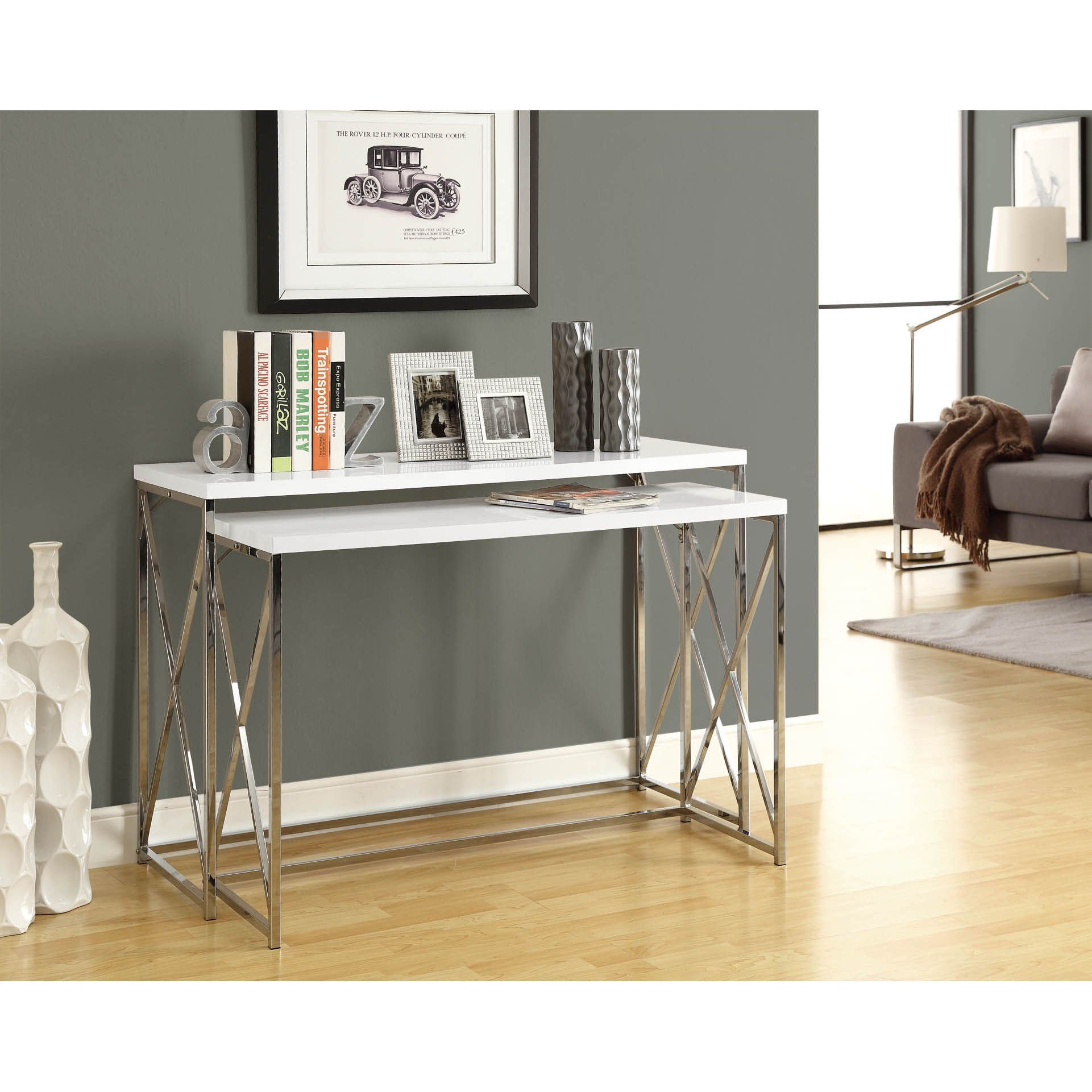 Glossy White/ Chrome Metal 2 Piece Console Table Set Intended For Large Modern Console Tables (Photo 2 of 20)