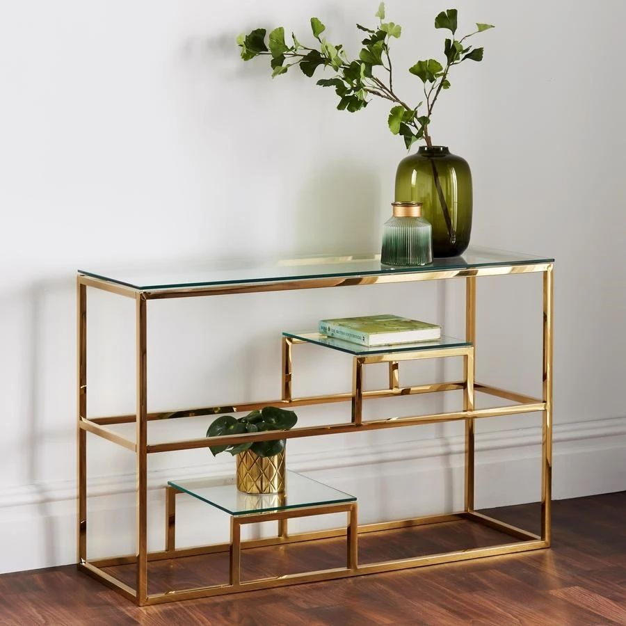 Gold Display Console Table In 2020 | Glamorous Living Room For Metallic Gold Modern Console Tables (View 4 of 20)