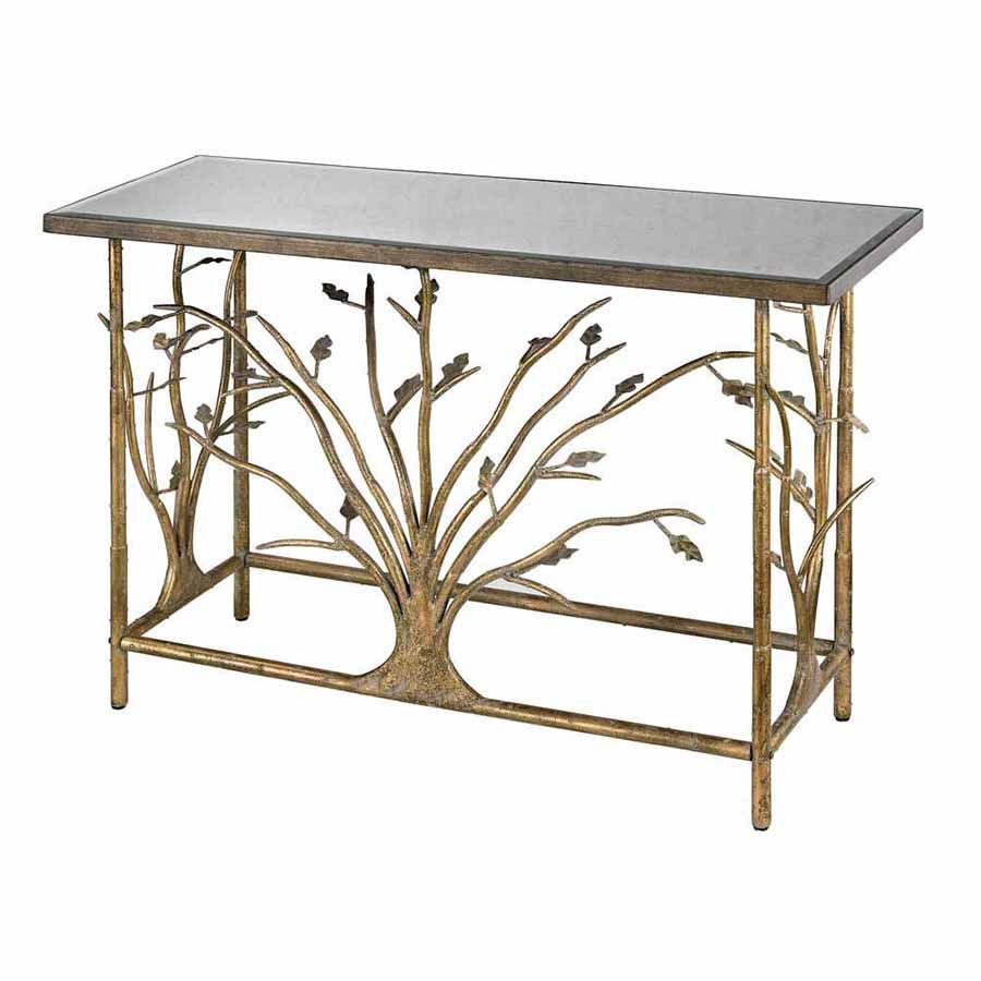 Gold Leafed Metal Branch Console Table Antique Mirrored Pertaining To Metallic Gold Modern Console Tables (View 17 of 20)