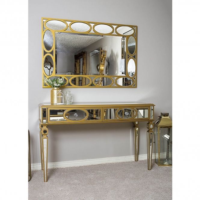 Gold Mirrored Console And Mirror Set | Mirrored Within Gold And Mirror Modern Cube Console Tables (View 14 of 20)