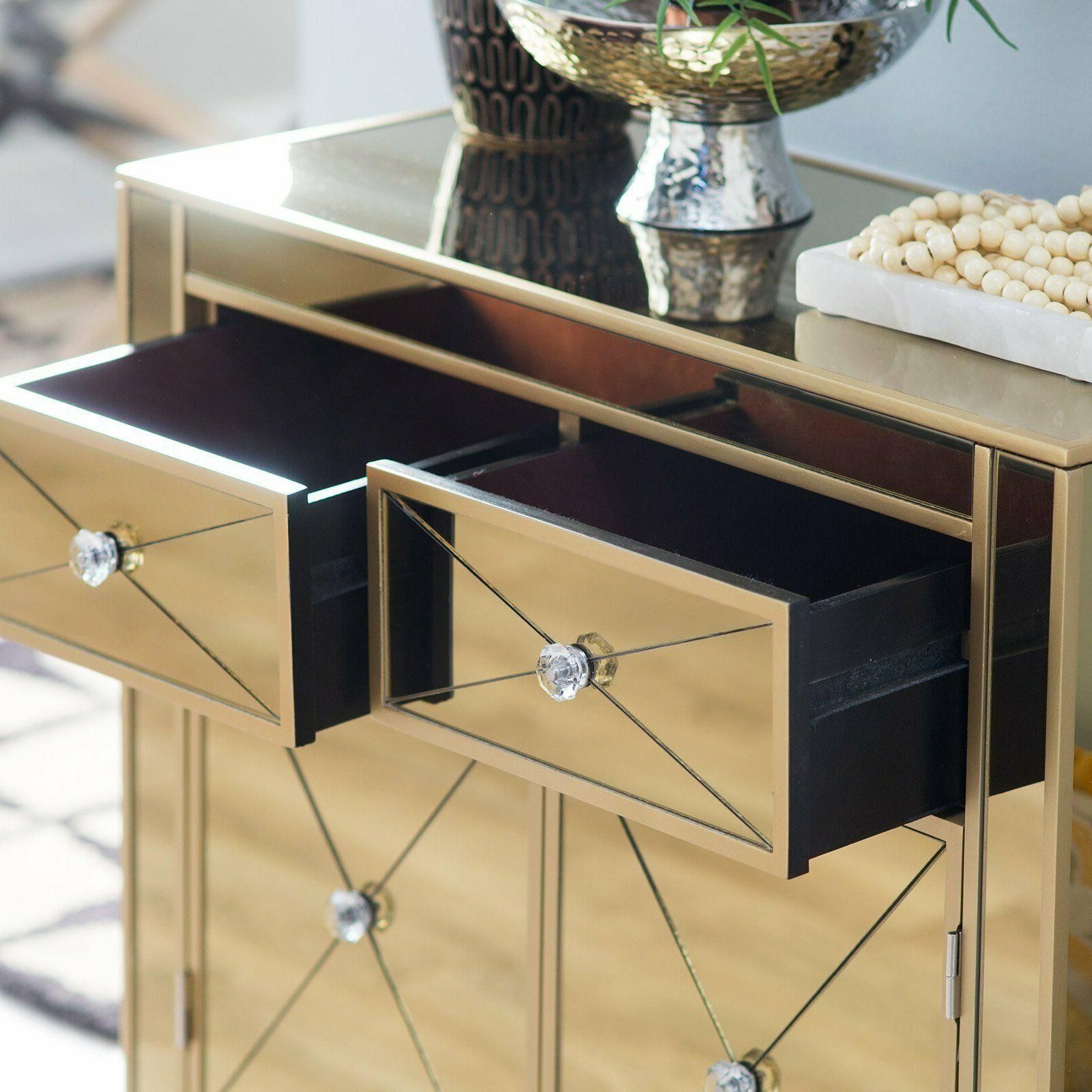 Gold Mirrored Glass Console Buffet Table Accent Cabinet Pertaining To Gold And Mirror Modern Cube Console Tables (View 8 of 20)