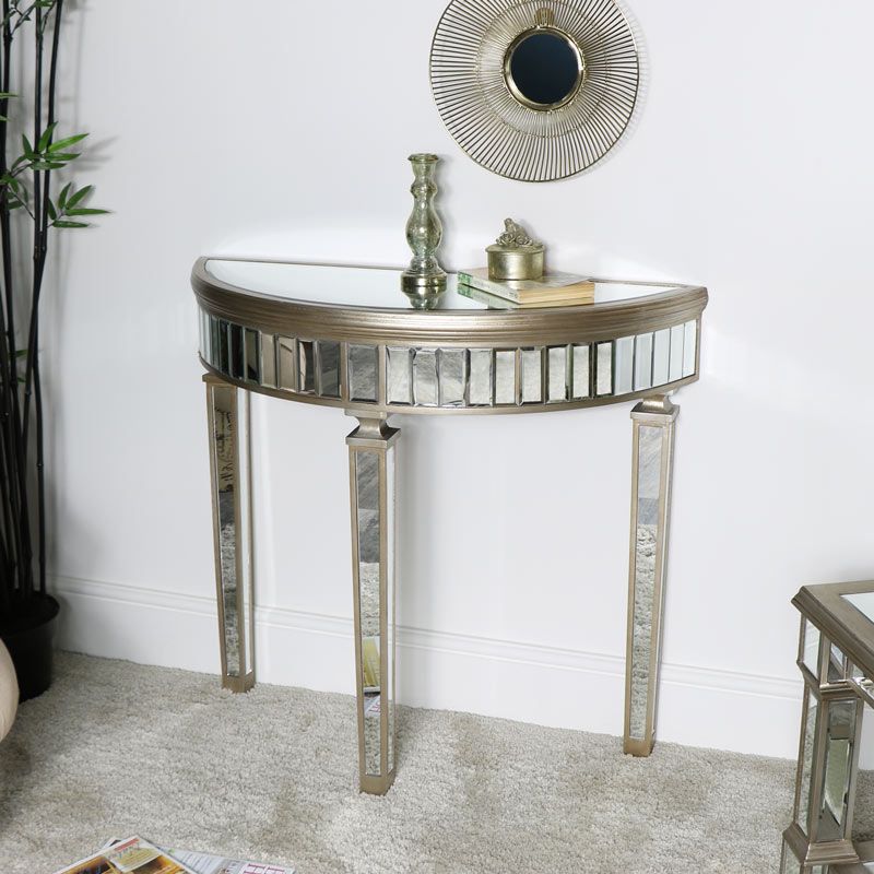 Gold Mirrored Half Moon Console Table – Deco Range Throughout Gold And Mirror Modern Cube Console Tables (Photo 16 of 20)