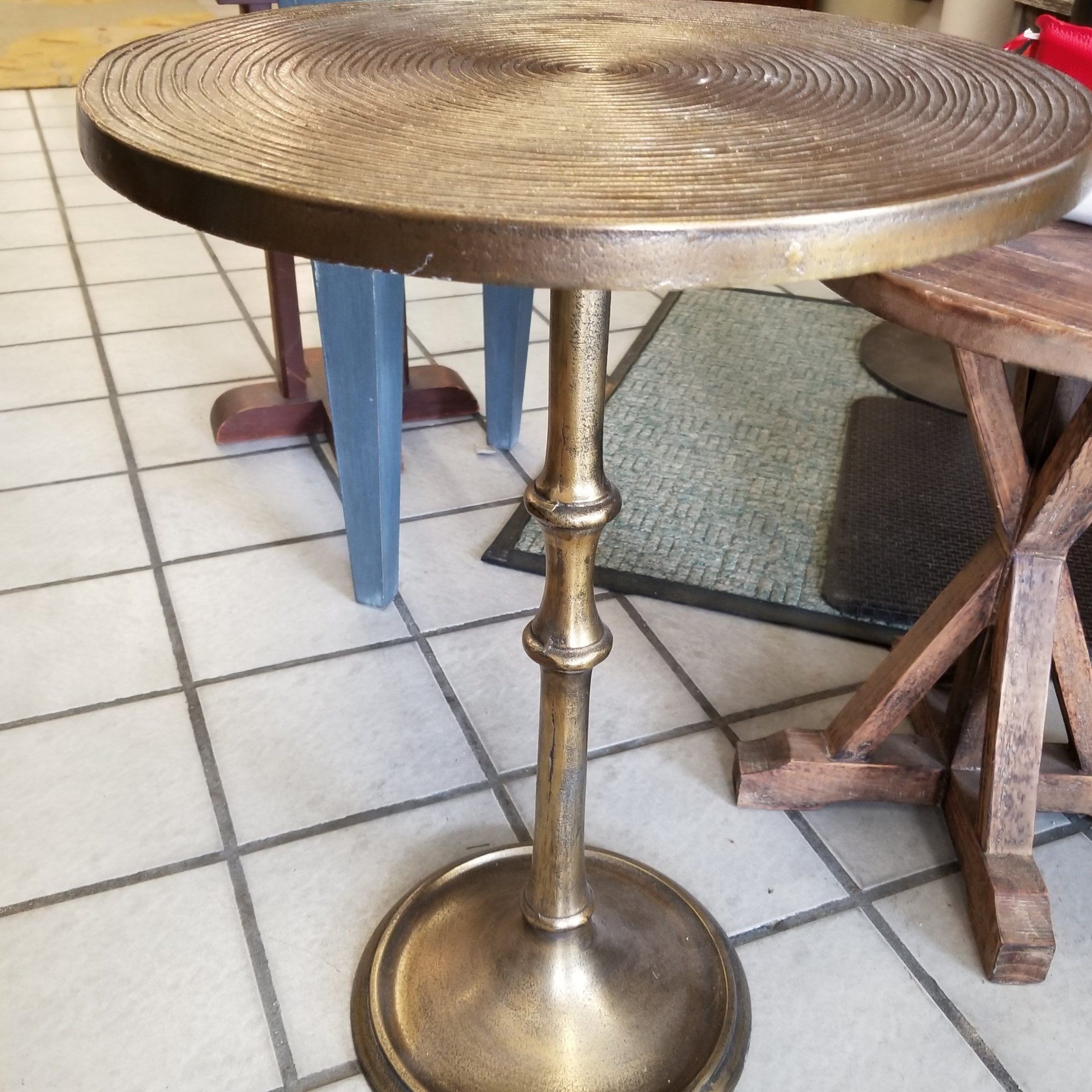 Gold Round Metal Side Table | Round Metal Side Table Pertaining To Antique Brass Aluminum Round Console Tables (Photo 10 of 20)