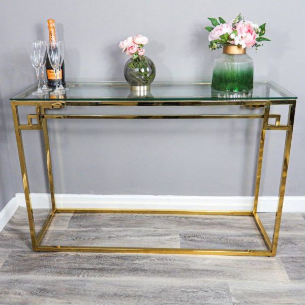 Gold Stainless Steel Metal Console Side Hall Table With Intended For Glass And Gold Console Tables (Photo 3 of 20)