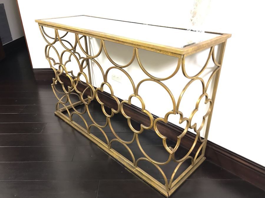 Gold Tone Metal Console Table With Mirrored Top Intended For Glass And Gold Oval Console Tables (Photo 14 of 20)