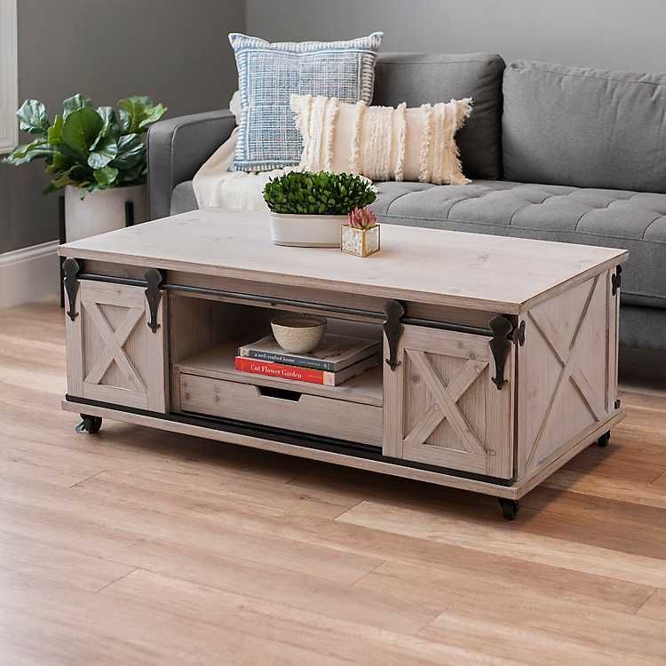 Gray Finished Farmhouse Sliding Door Coffee Table | Door For Smoke Gray Wood Square Console Tables (View 18 of 20)