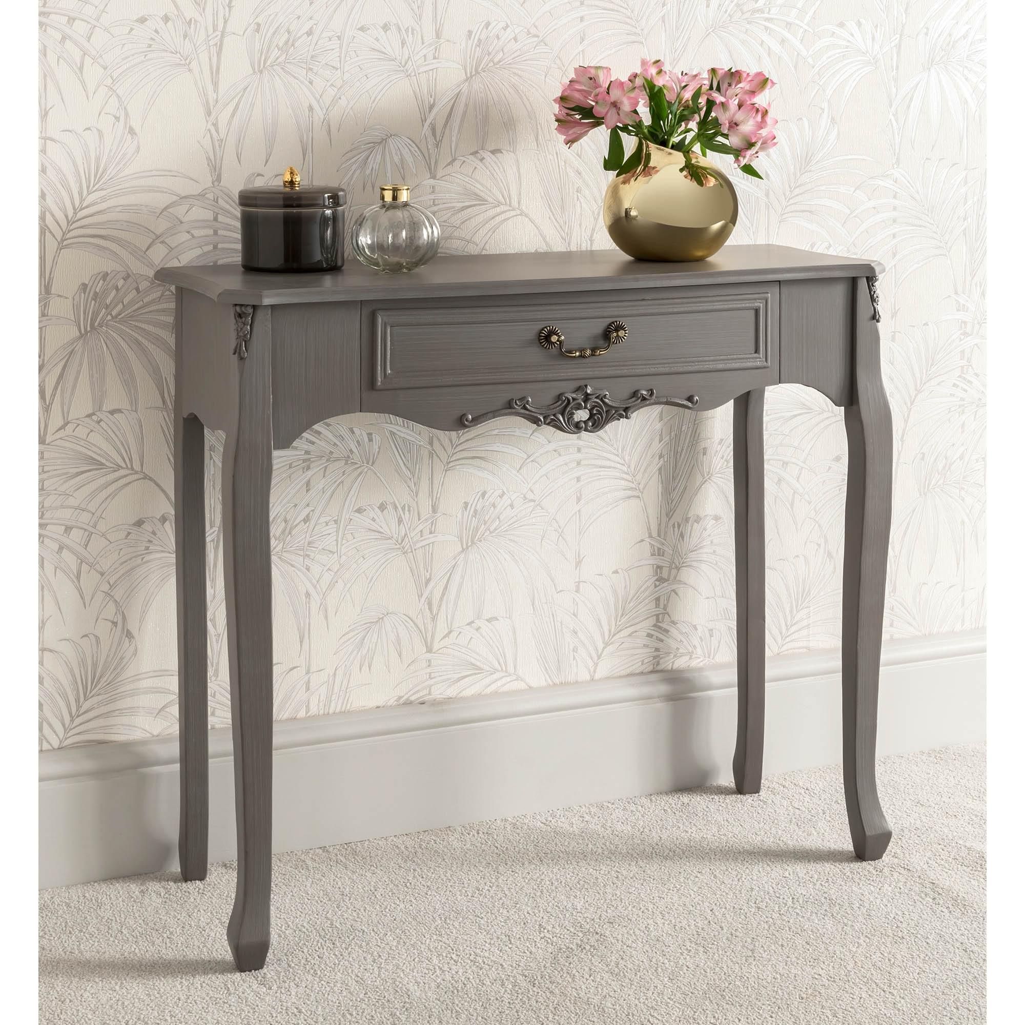 Grey 1 Drawer Antique French Style Console Table | Shabby Inside Antique White Black Console Tables (View 8 of 20)