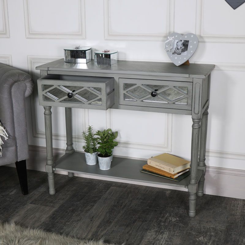 Grey Mirrored Console Table Vienna Range – Melody Maison® Pertaining To Gray Wood Black Steel Console Tables (View 11 of 20)